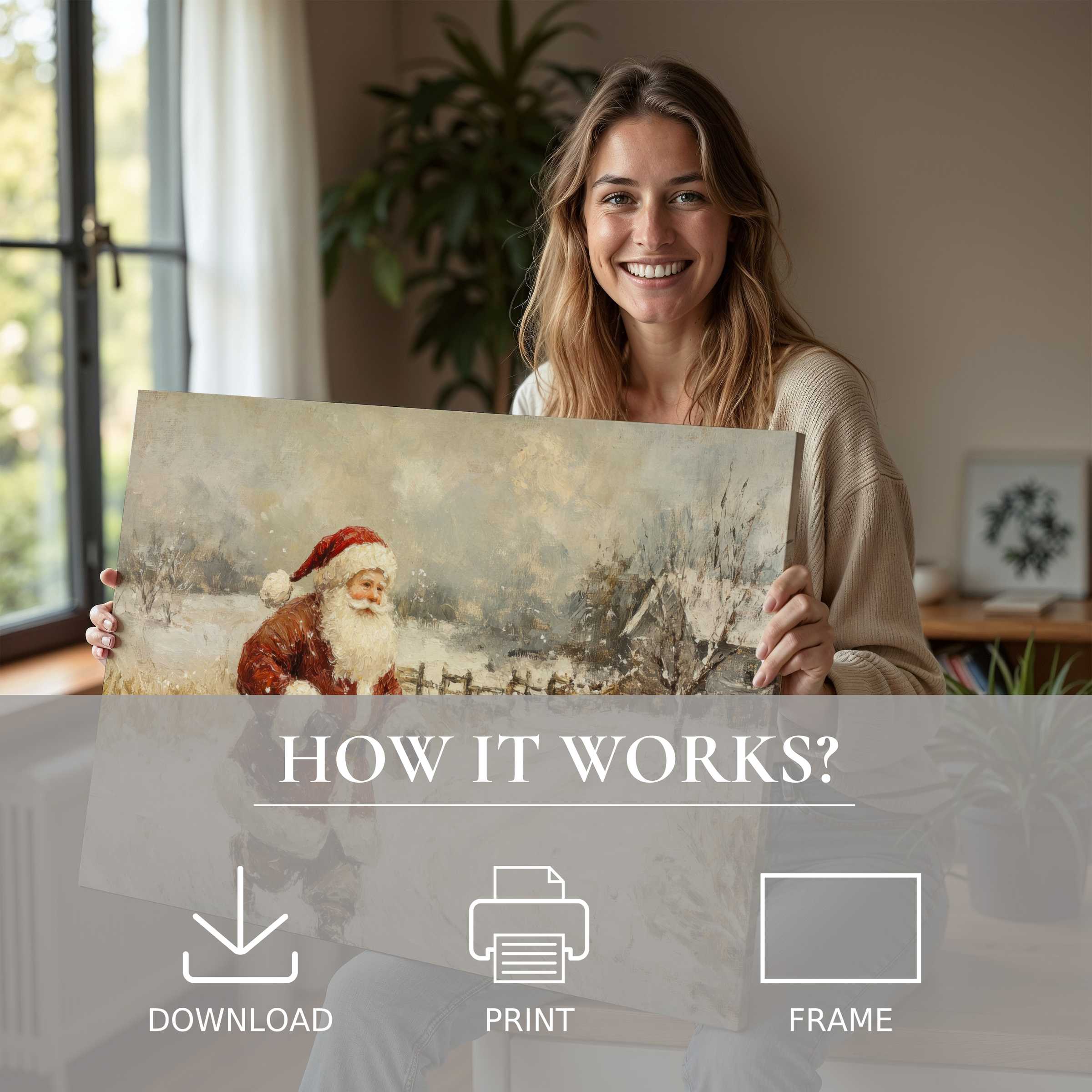 A serene moment of joy as a woman embraces a Christmas digital art print, infusing her modern home with warmth and timeless holiday spirit