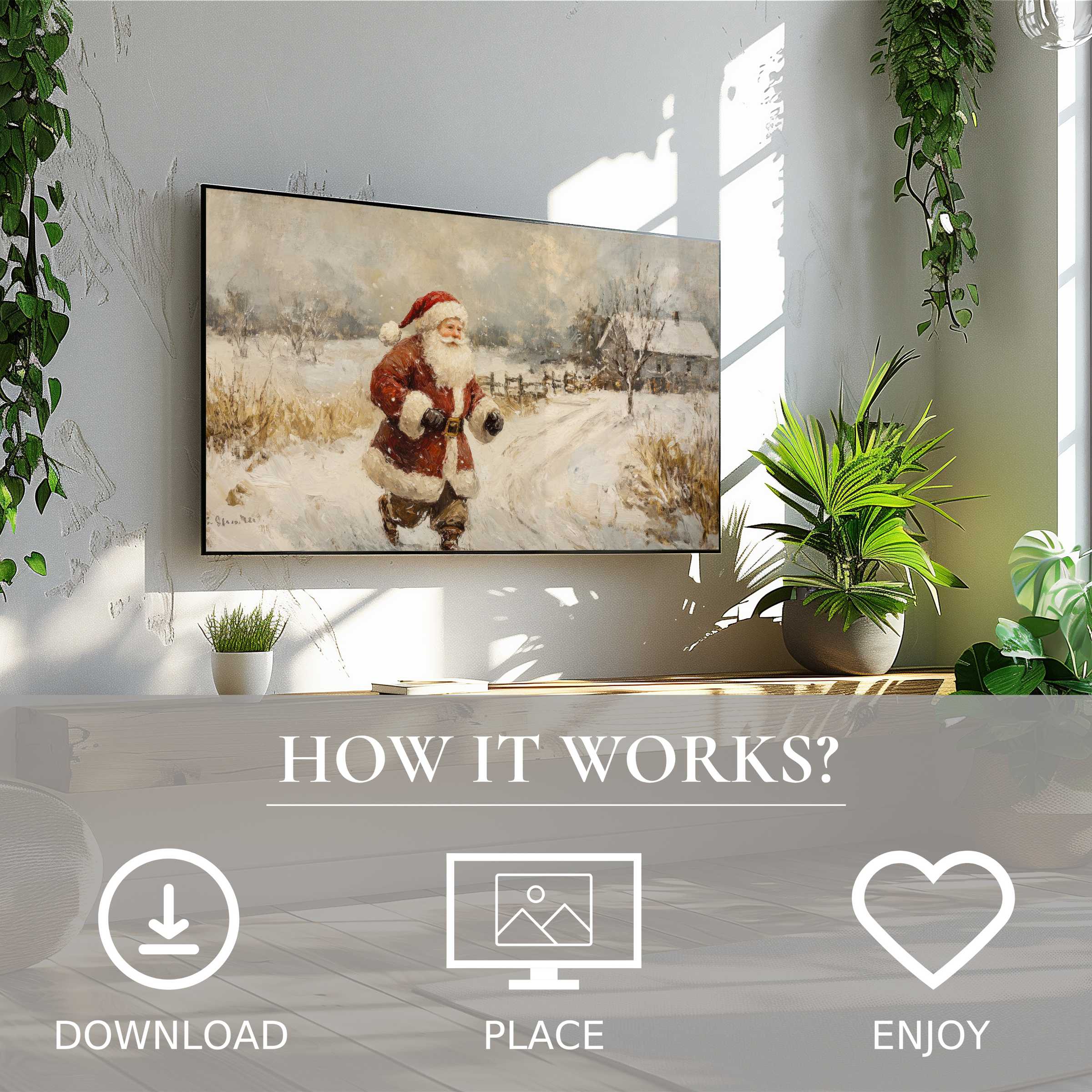 Cozy room with greenery and easy digital download of christmas art for Samsung TV featuring warm Santa winter scene