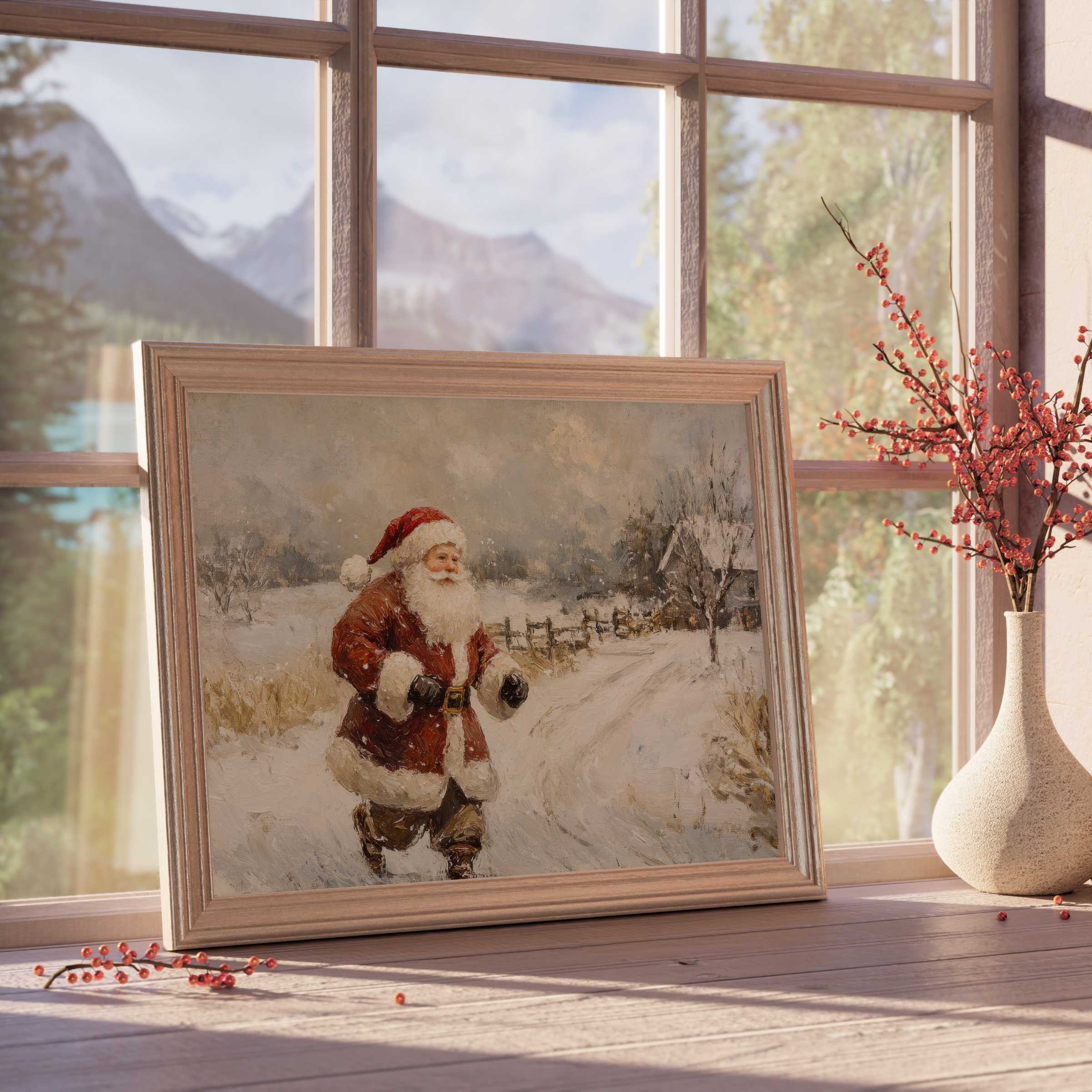 Christmas downloadable art featuring a timeless Santa in a serene snowy landscape, perfect for curated, elegant interiors