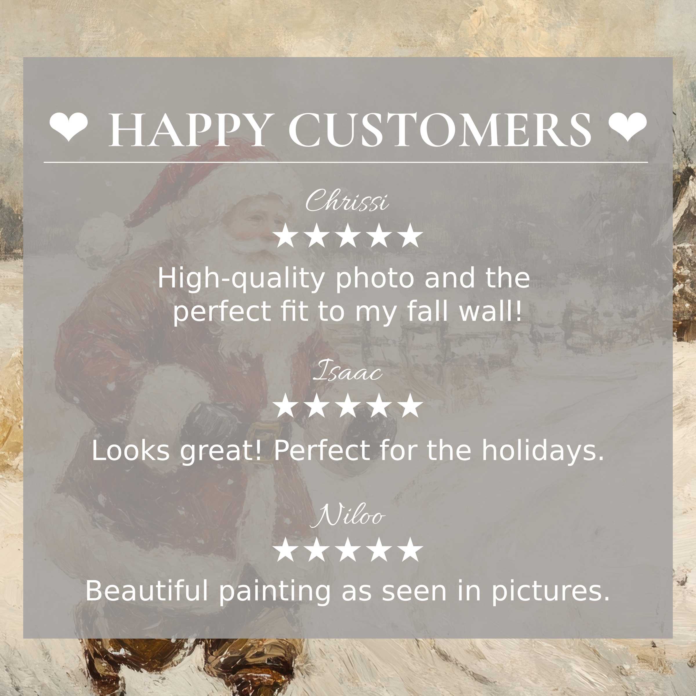christmas art for Frame TV with vintage Santa background, showcasing happy customer reviews and elegant design appeal