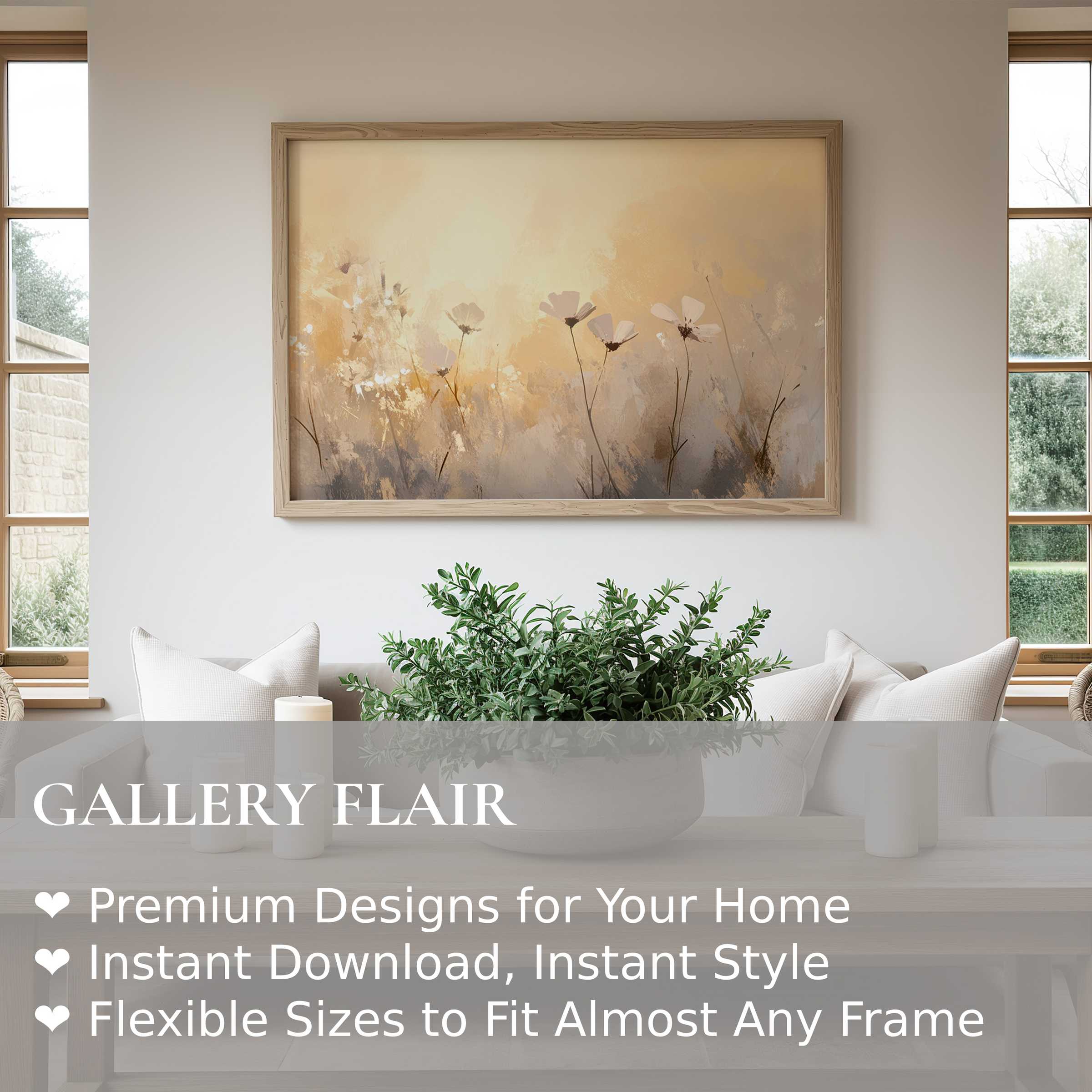 Radiant spring wall art print featuring soft floral silhouettes in warm neutrals, enhancing serene modern farmhouse interiors