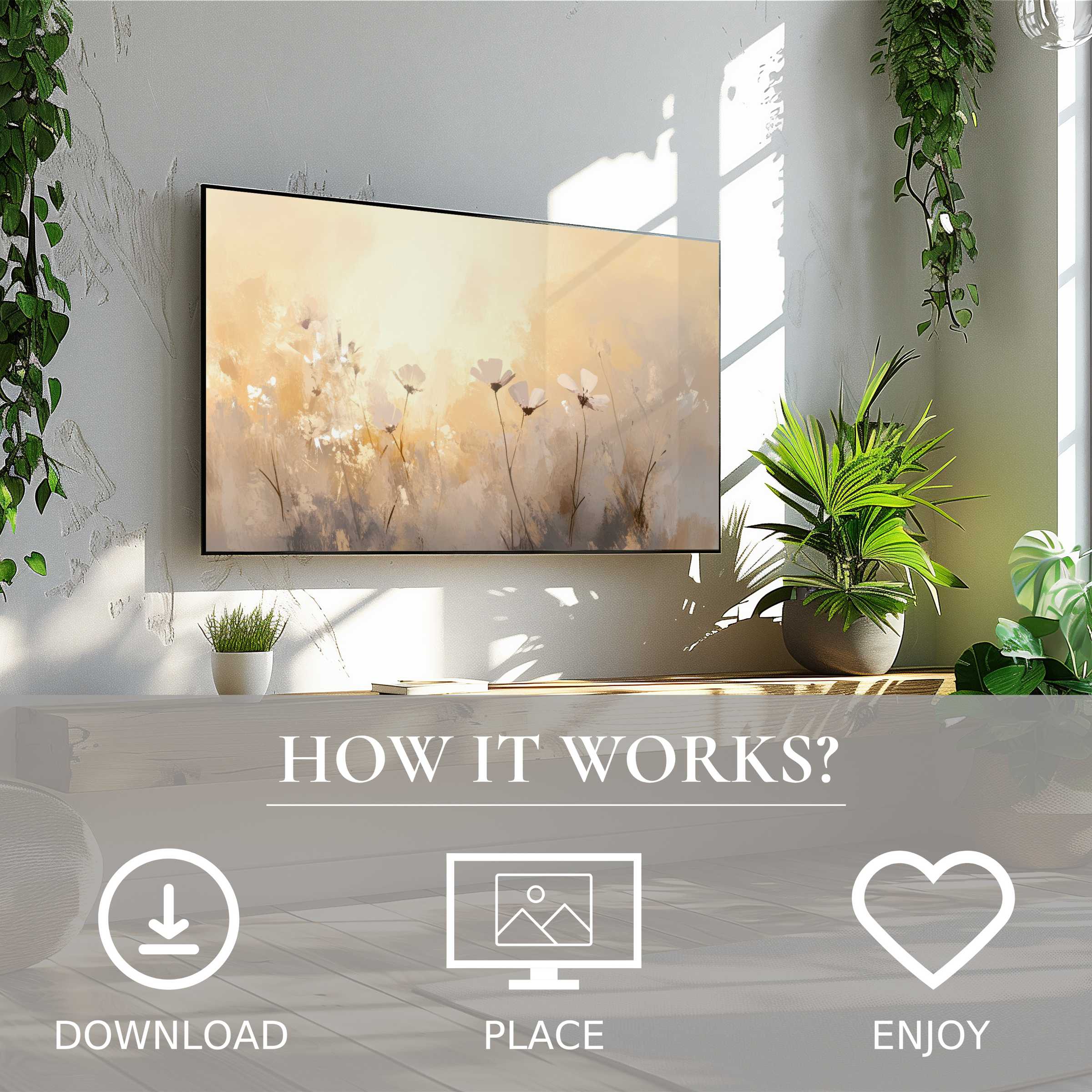 spring art for Samsung TV with soft sunset tones, easy digital download, enriches modern living spaces with floral motif