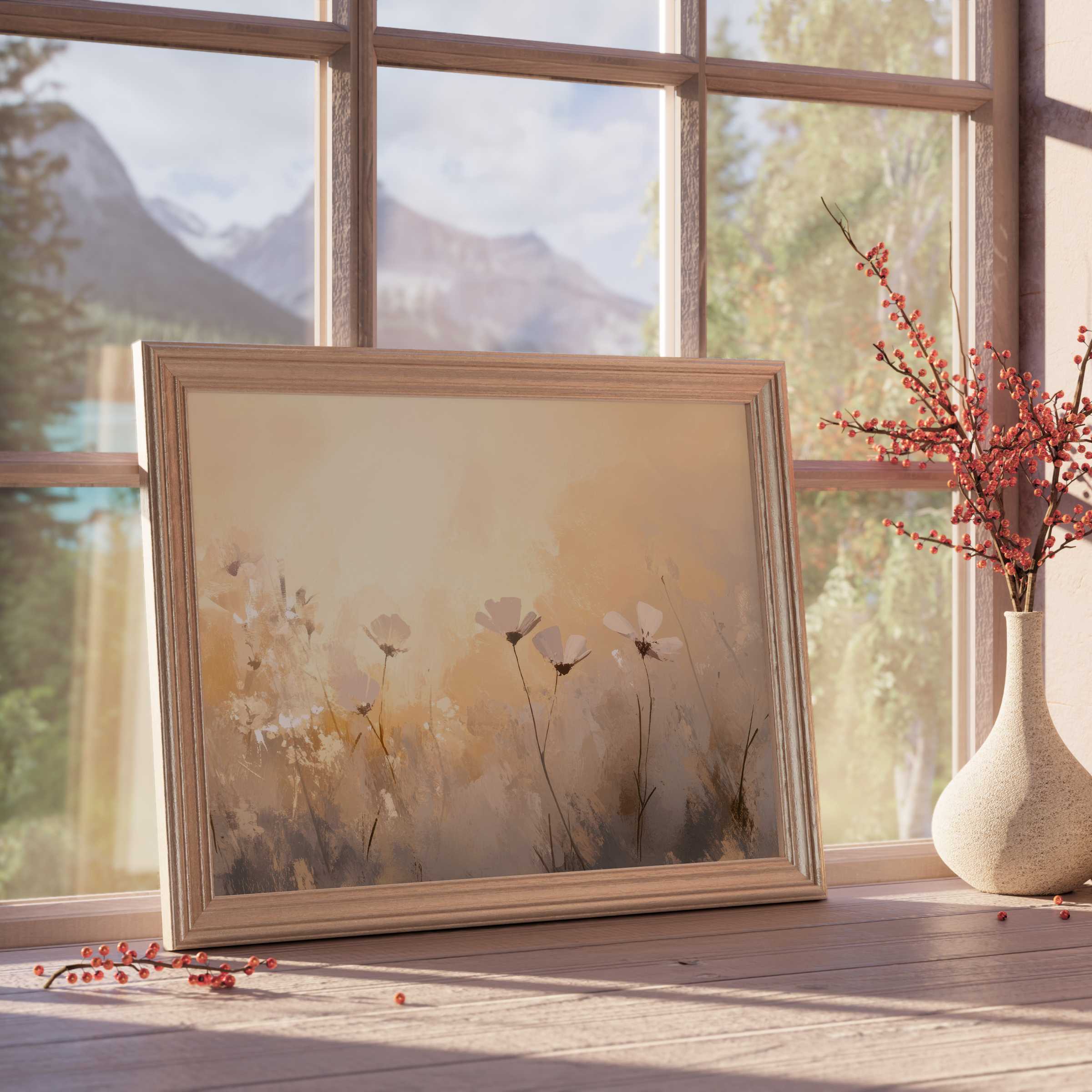 Spring downloadable art depicting delicate wildflowers bathed in warm golden light, enhancing serene, curated interiors with timeless elegance