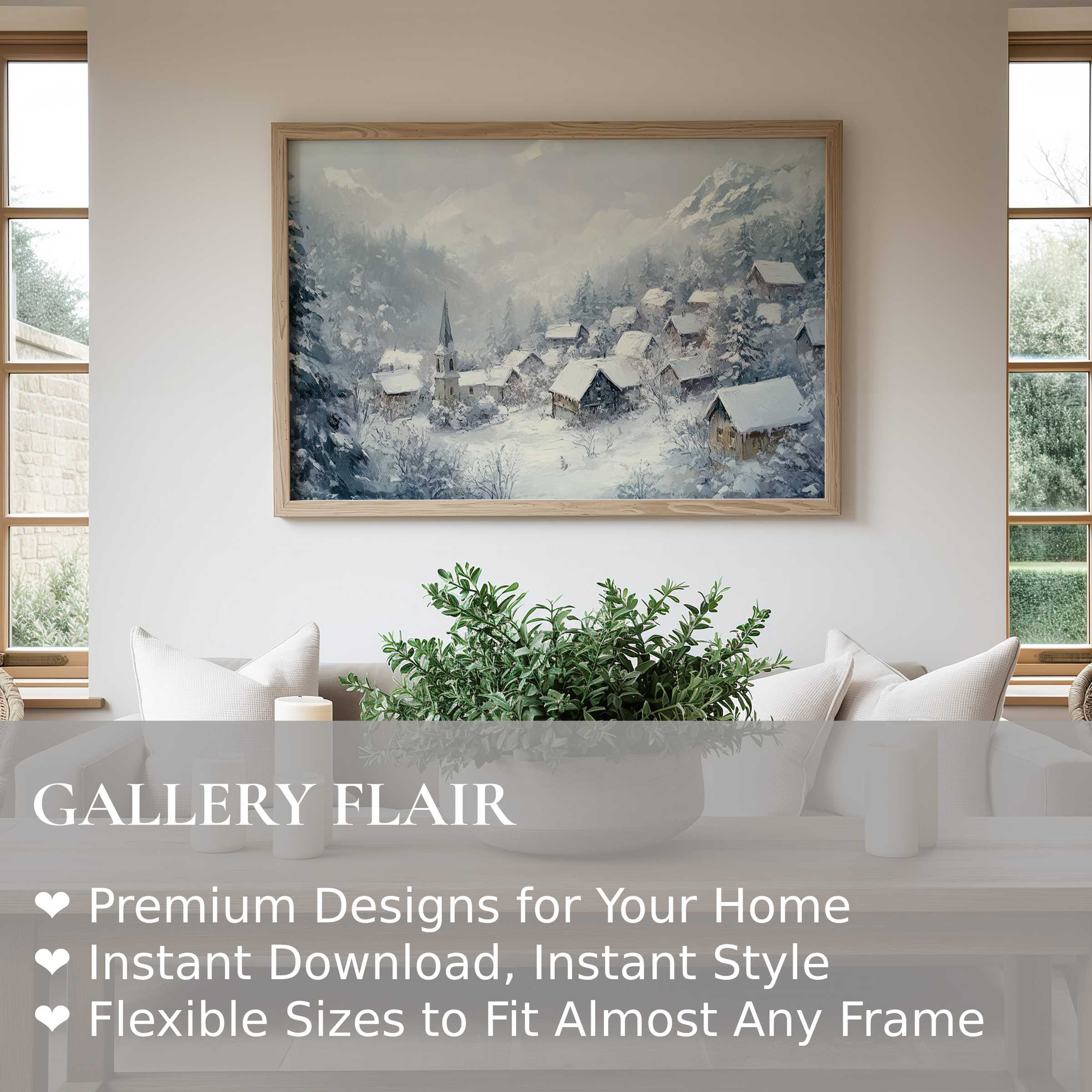 Winter wall art print capturing a serene snow-covered village in soft, calming hues, enriching modern minimalist interiors with tranquil, cozy elegance