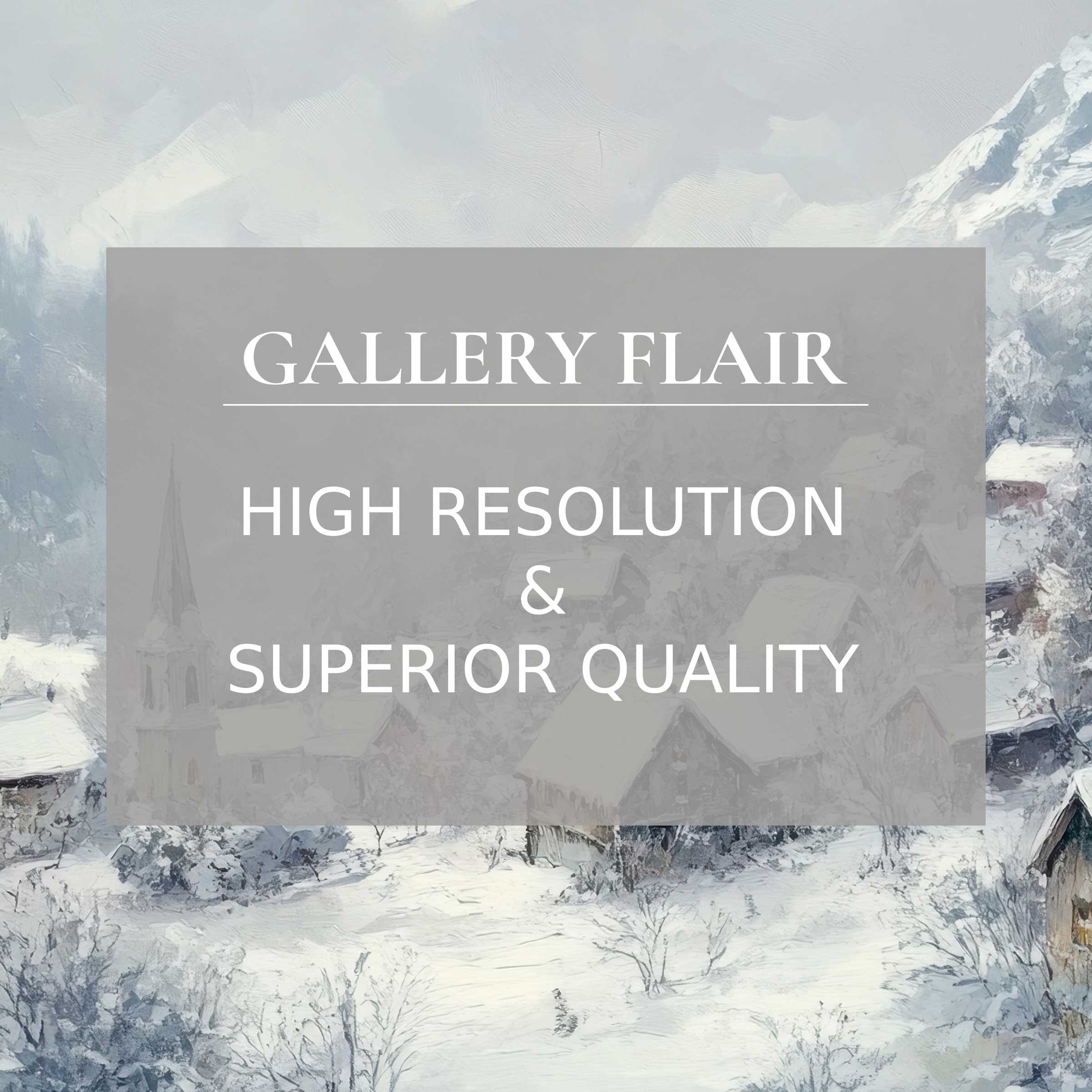 Serene winter printable art capturing a snow-blanketed village with exquisite detail, enhancing modern interiors with calming elegance