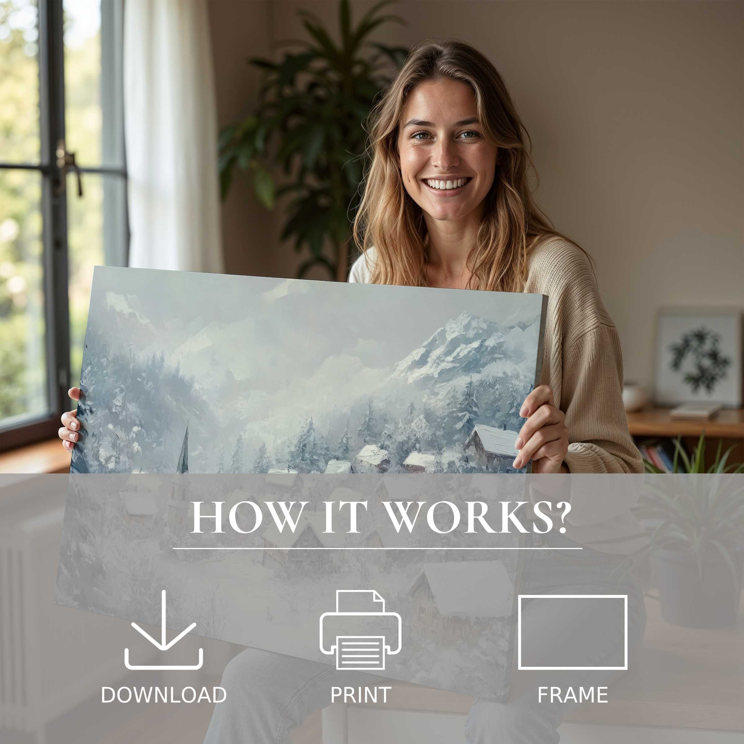 Elegant winter digital art print radiates calm joy as it transforms a modern home with effortless style