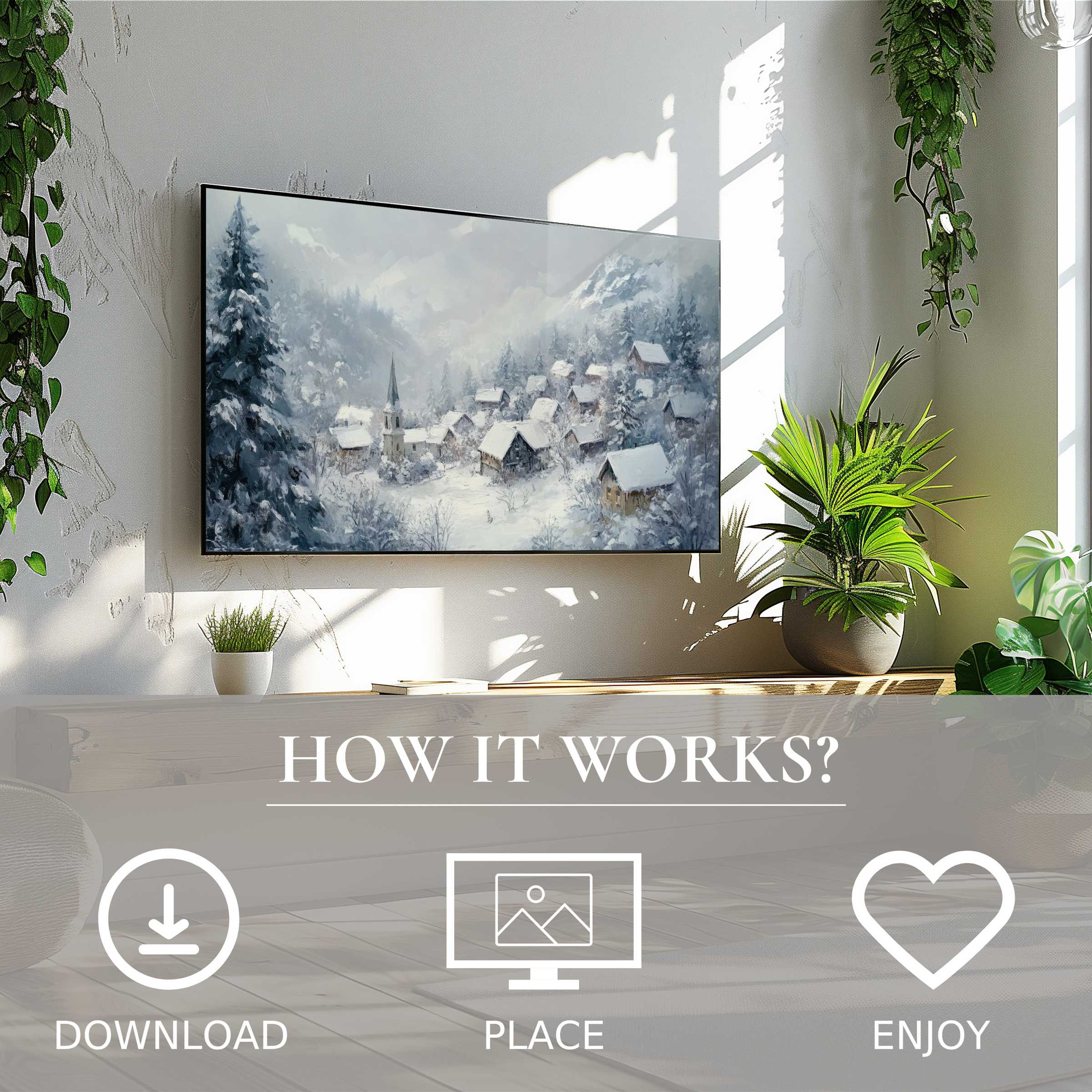 Winter art for Samsung TV shows a snowy village scene, easy digital download enriches modern living spaces