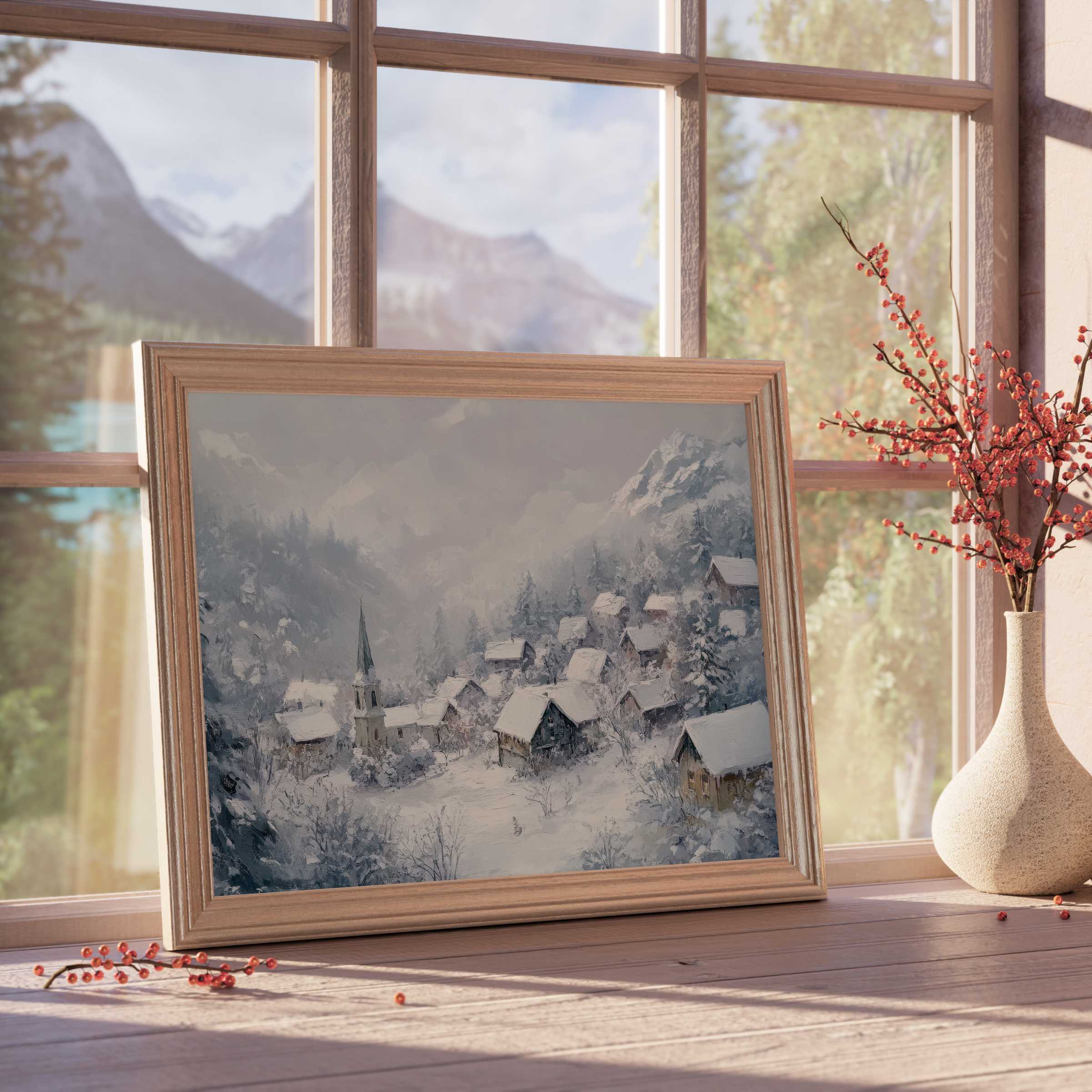 Winter downloadable art capturing a serene snow-laden village, perfect for elevating tranquil, design-forward interiors