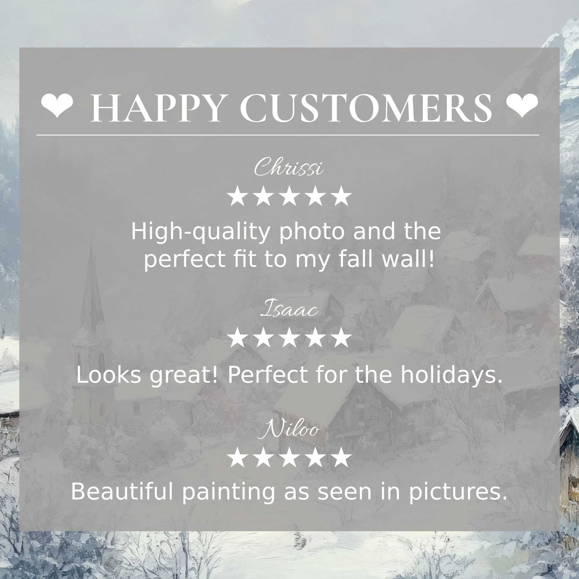 Winter art for Frame TV with soft snowy village background, showcasing happy customer reviews and elegant design appeal