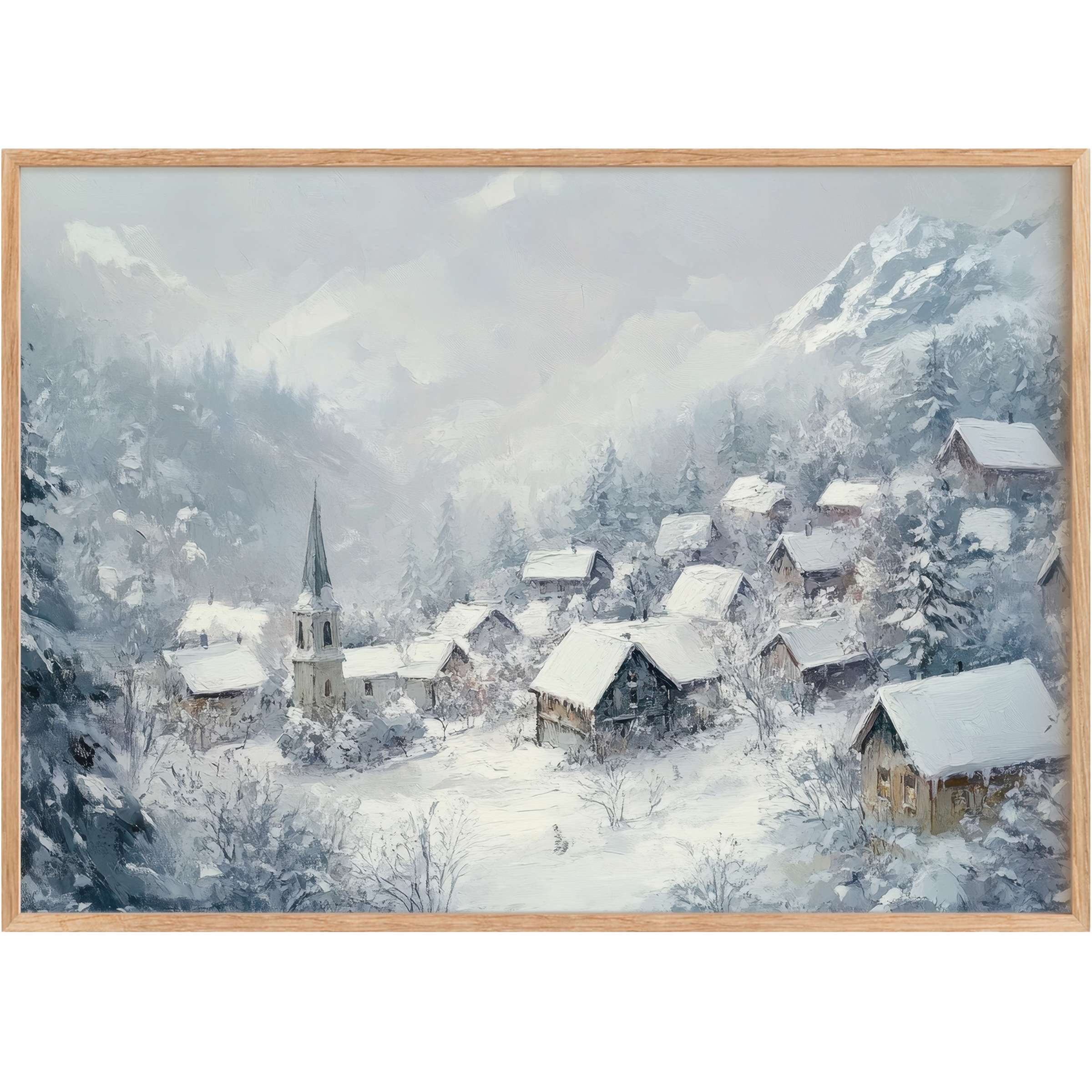 Serene winter printable wall art capturing a snow-dusted village with soft blues and greys, evoking calm and timeless elegance
