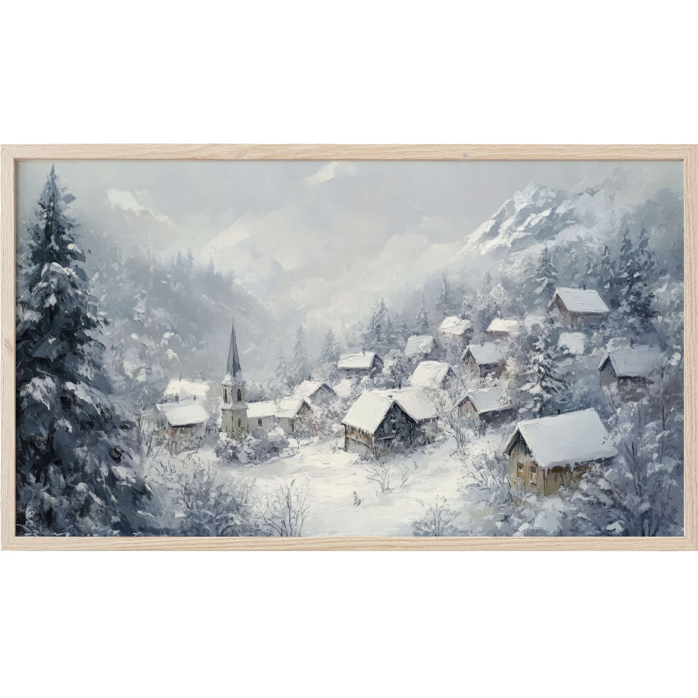 Winter village in muted grays and whites, soft brushstrokes evoke calm serenity in this winter Frame TV Art