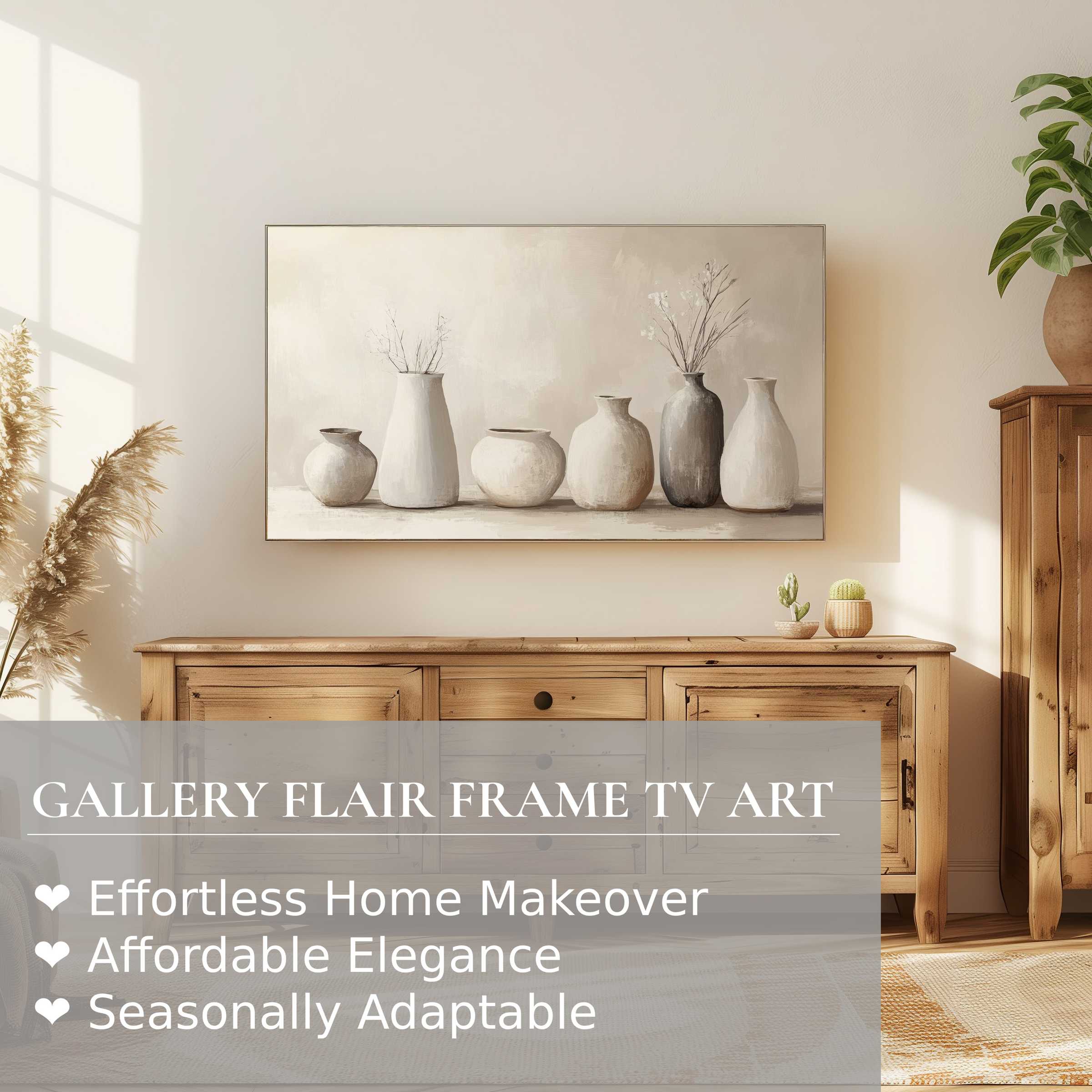 Samsung Frame TV displaying boho digital artwork of neutral-toned vases in an elegant, sunlit modern setting