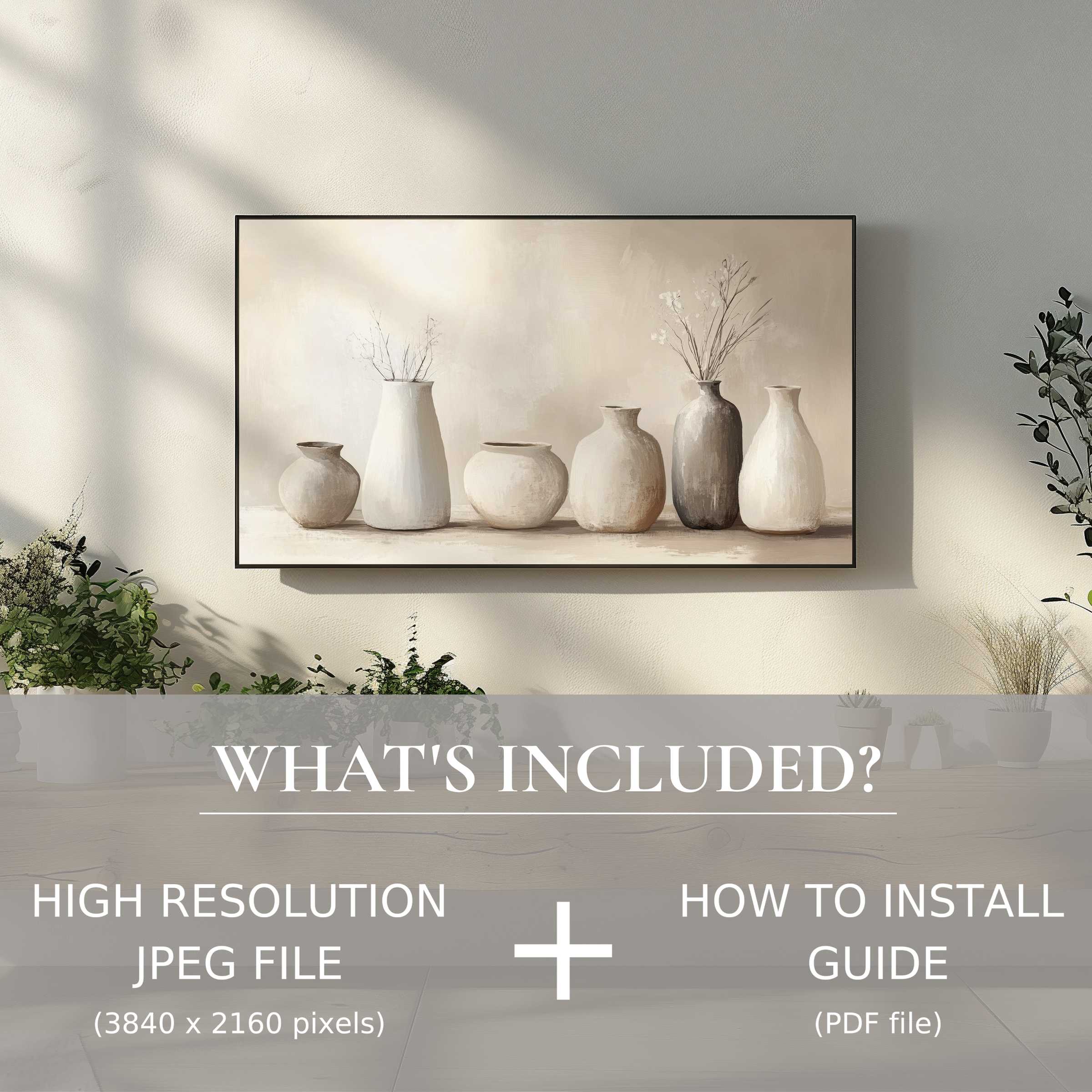Elegant boho digital TV art download with easy use, enhancing serene living spaces with modern vase artwork charm