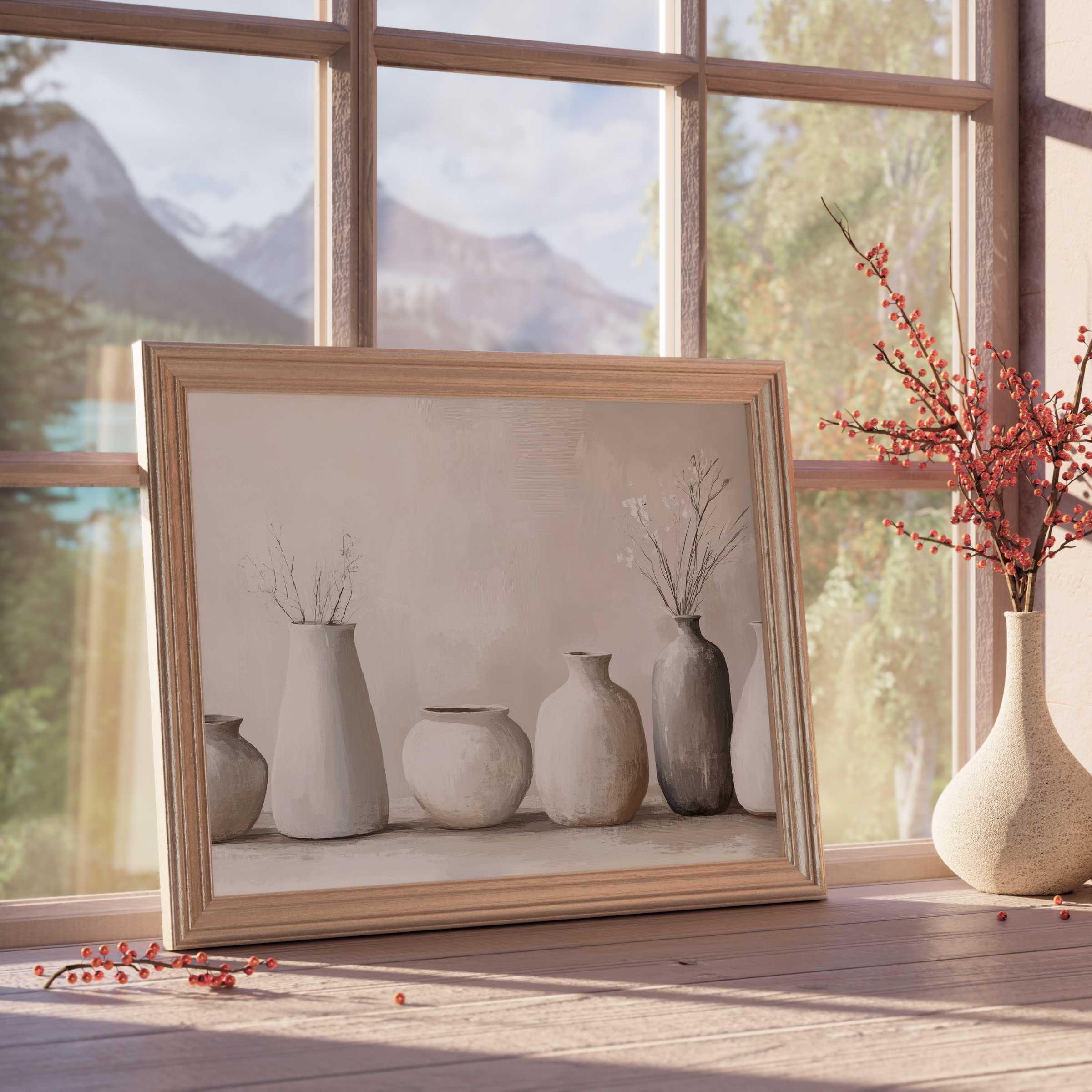 Serene boho downloadable art featuring muted ceramic vases, enhancing tranquil, curated interiors with warm, earthy elegance