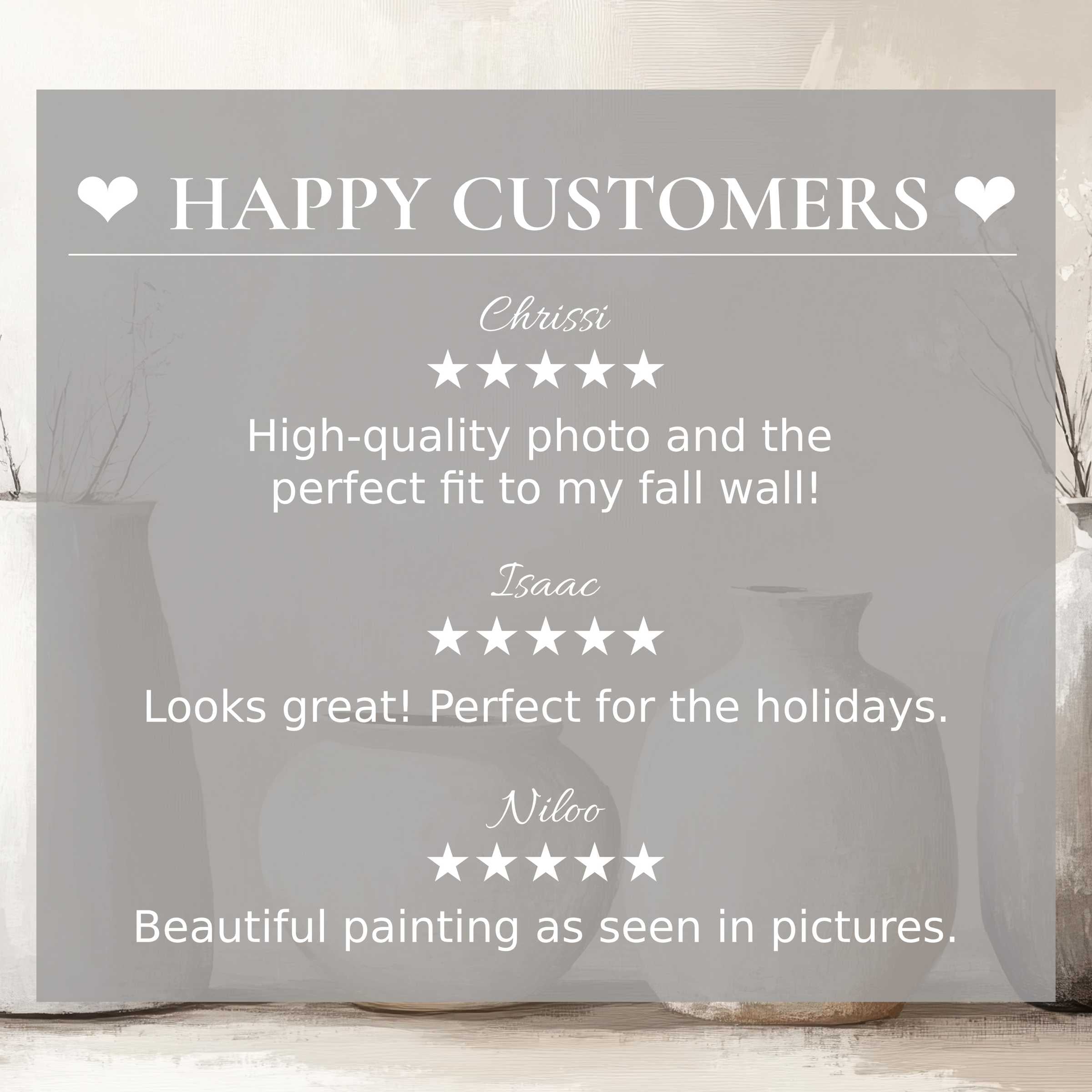 Boho art for Frame TV with abstract muted vases background, showcasing happy customer reviews and elegant style