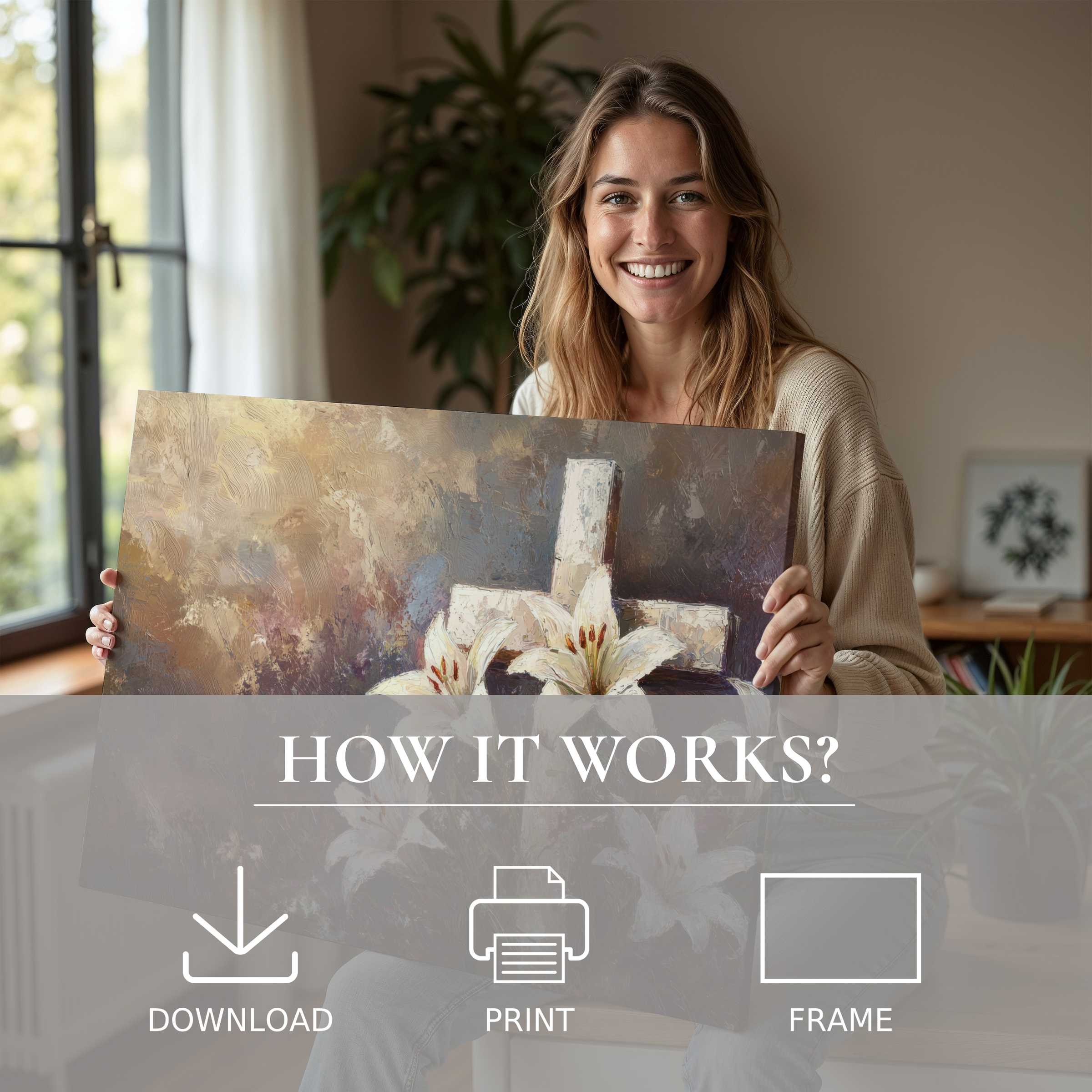 A serene moment of joy embracing easter digital art print, enriching modern interiors with effortless, soulful elegance