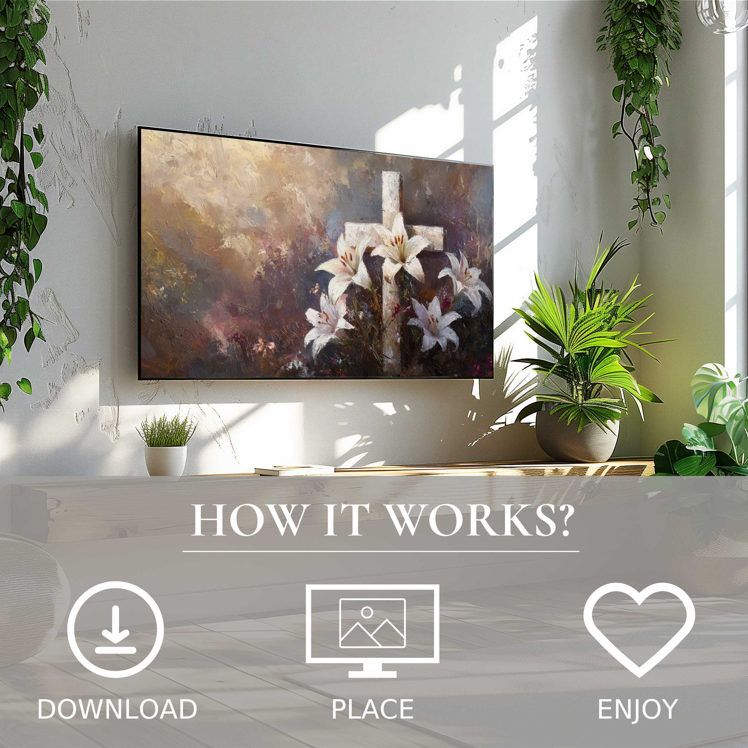 Easter art for Samsung TV featuring soft sunset tones and lilies; easy digital download brightens modern living rooms