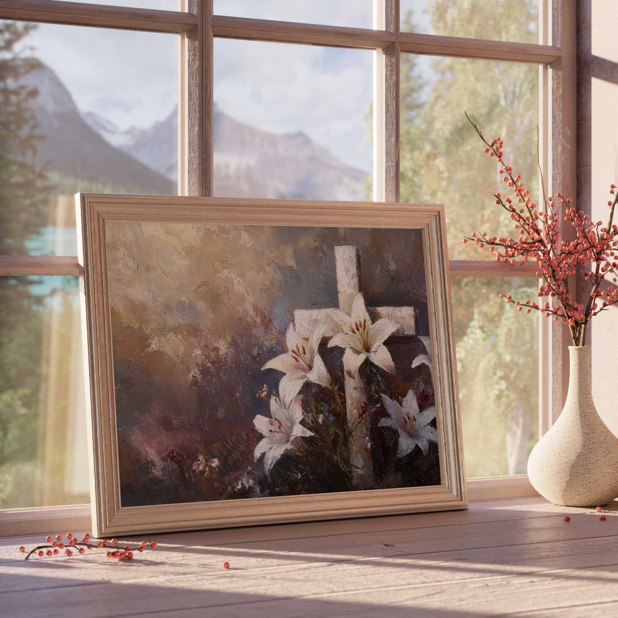 Elegant Easter downloadable art featuring serene lilies and a classic cross, perfect for enhancing refined, tranquil interiors