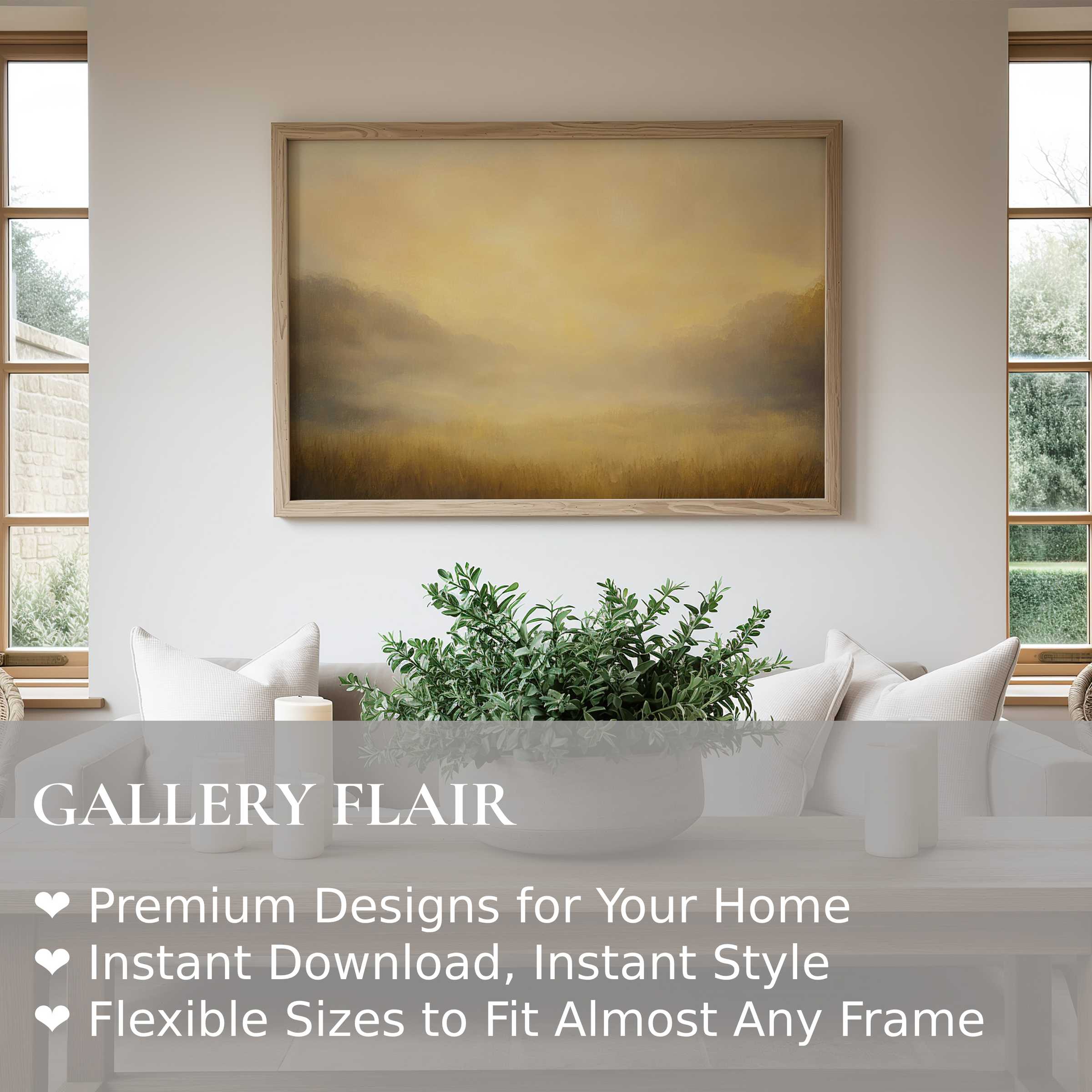 Radiant fall wall art print with warm golden hues and soft atmospheric landscape, enhancing modern minimalist living spaces