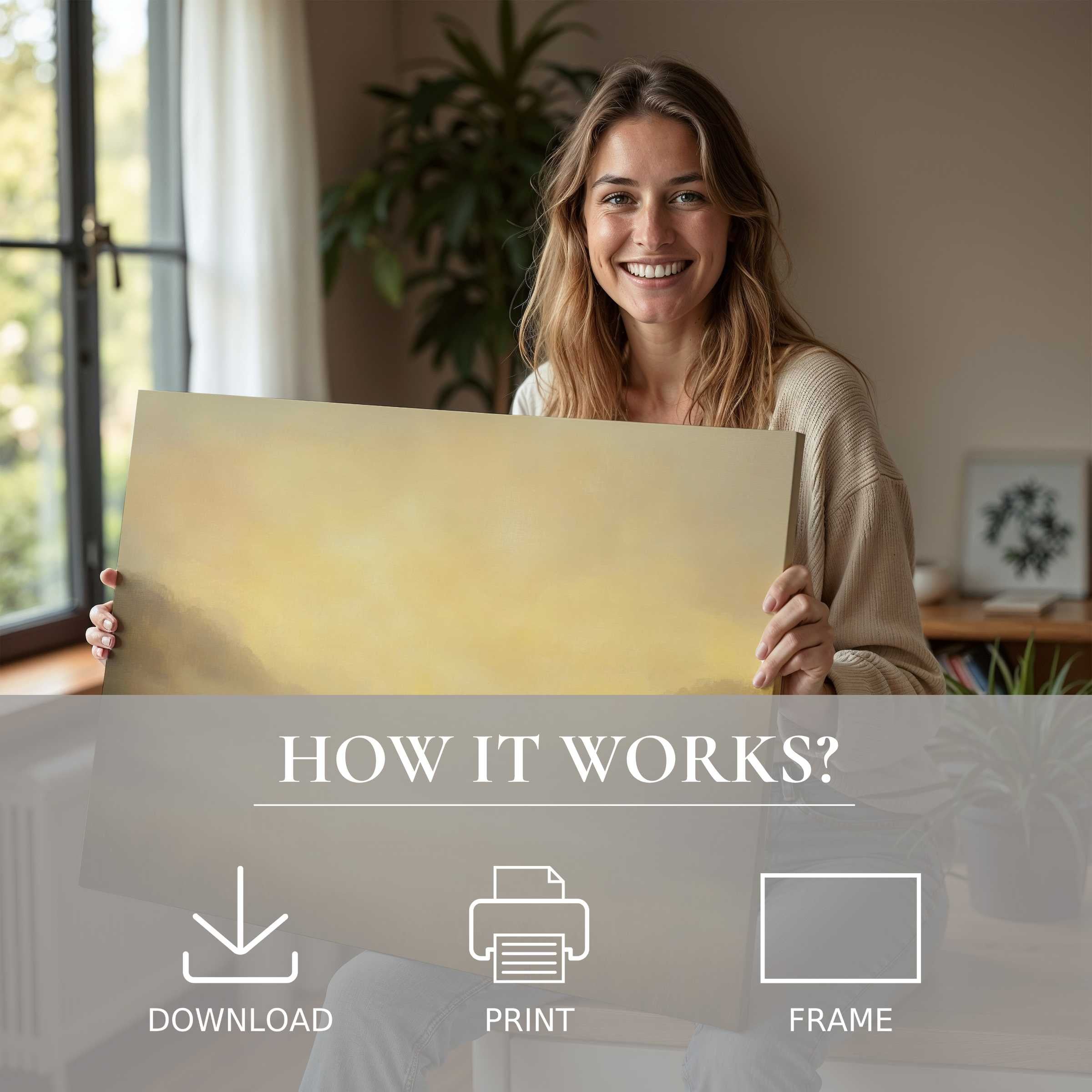Radiant fall digital art print embraced in a sunlit modern home, capturing warmth and serene, joyful connection with art
