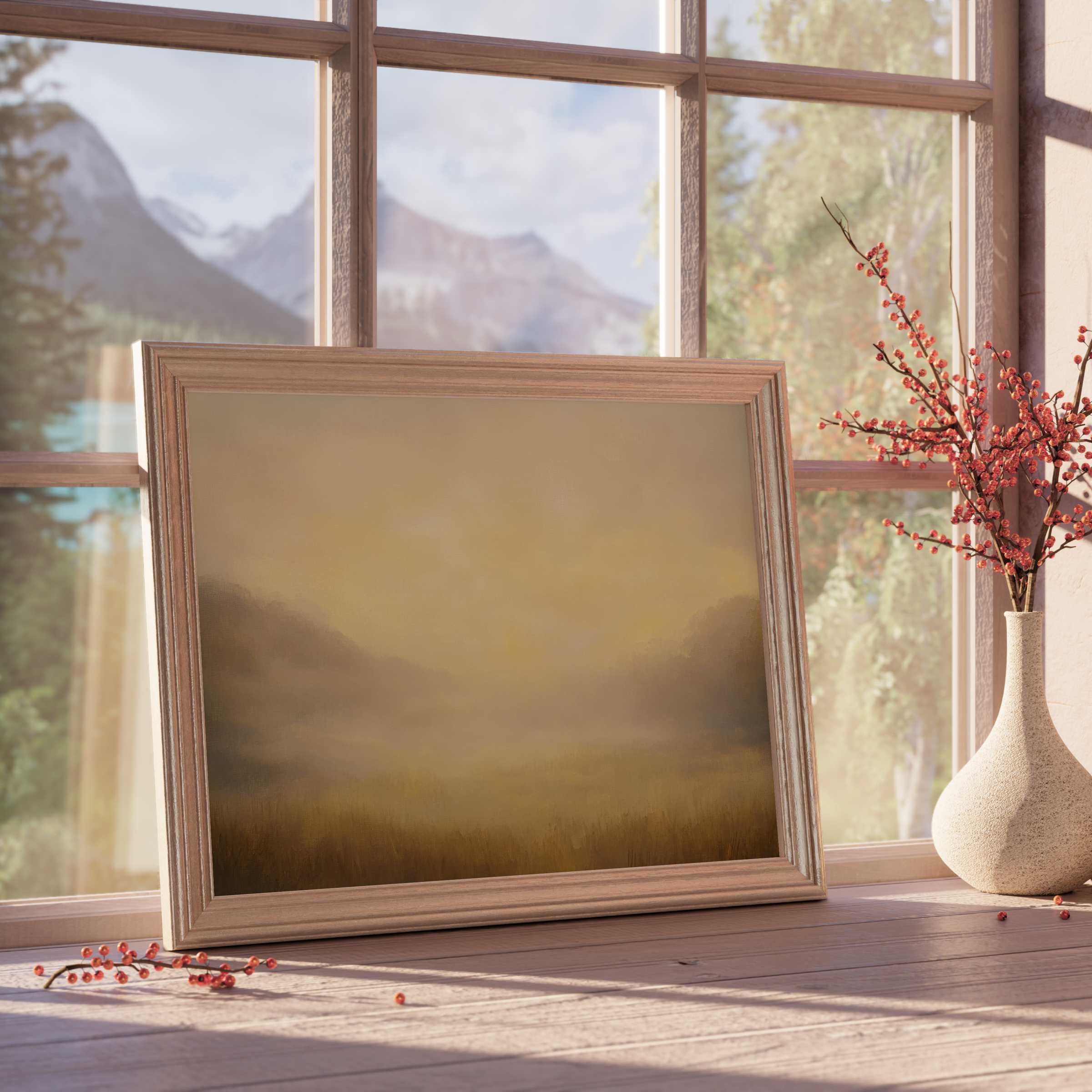 Fall downloadable art capturing a warm, misty autumn landscape, elevating serene, design-forward interiors with subtle earthy elegance
