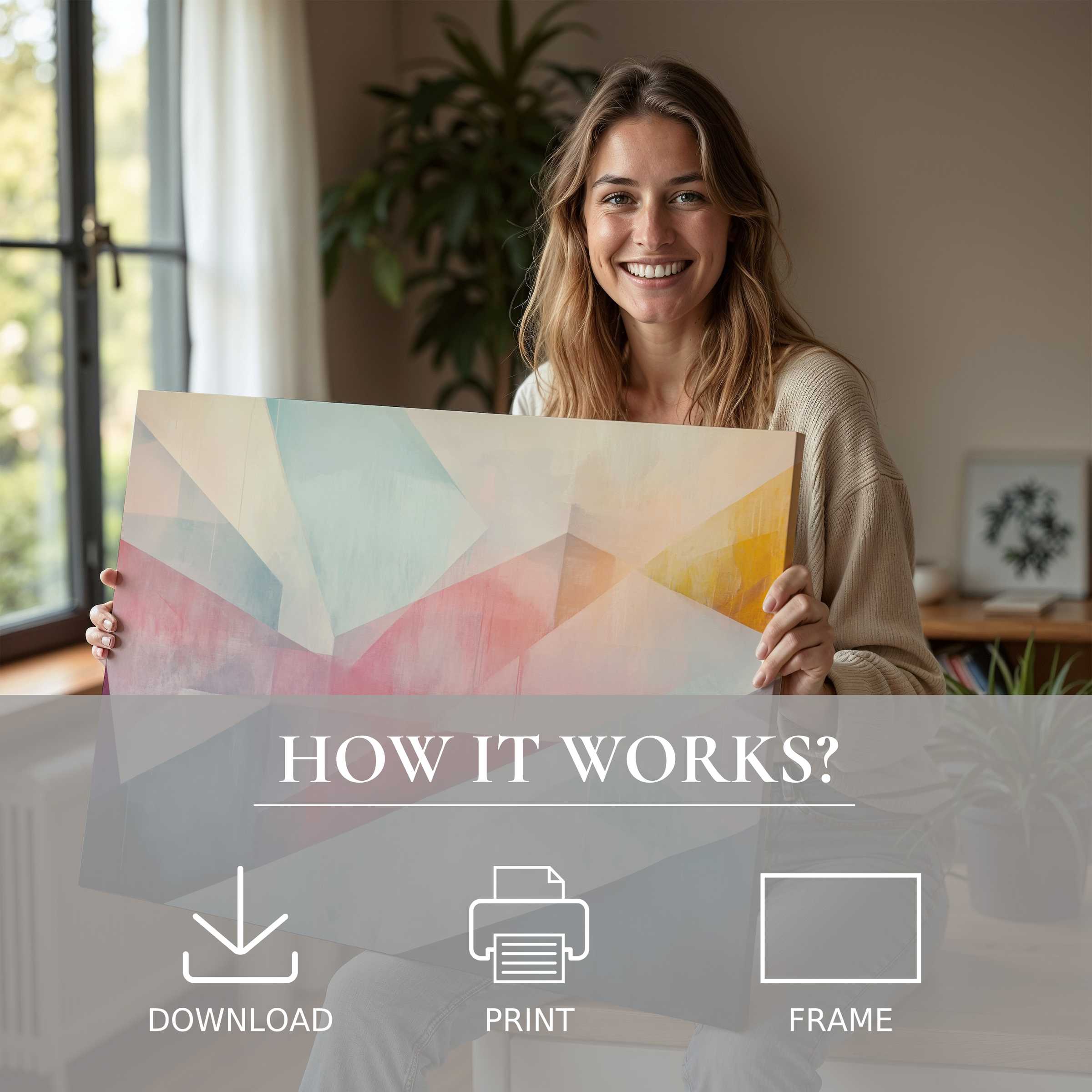 A joyful moment unveiling an abstract digital art print in soft pastel hues, enriching a modern home with effortless elegance