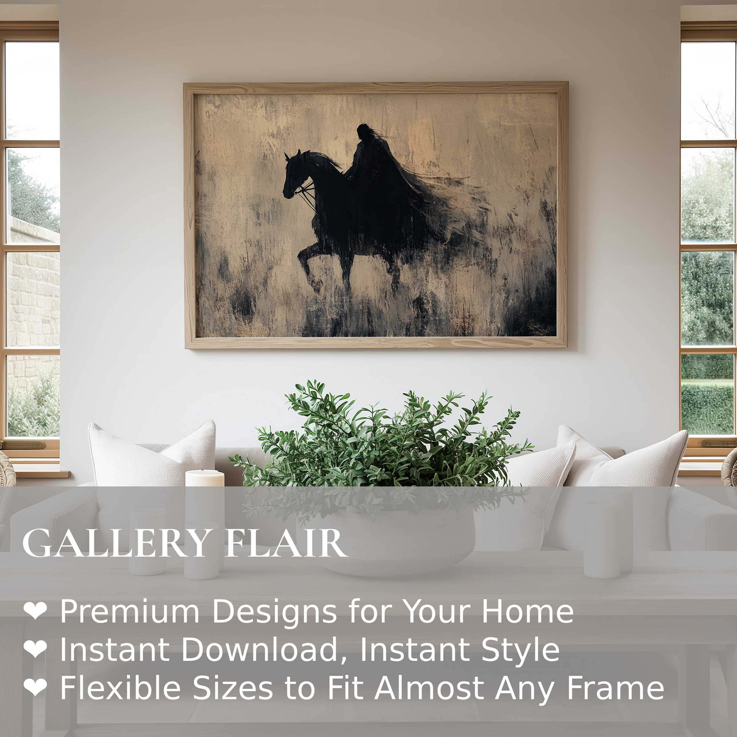 Haunting halloween wall art print featuring a dark rider in moody, textured tones, elevating modern minimalist interiors with bold, atmospheric charm