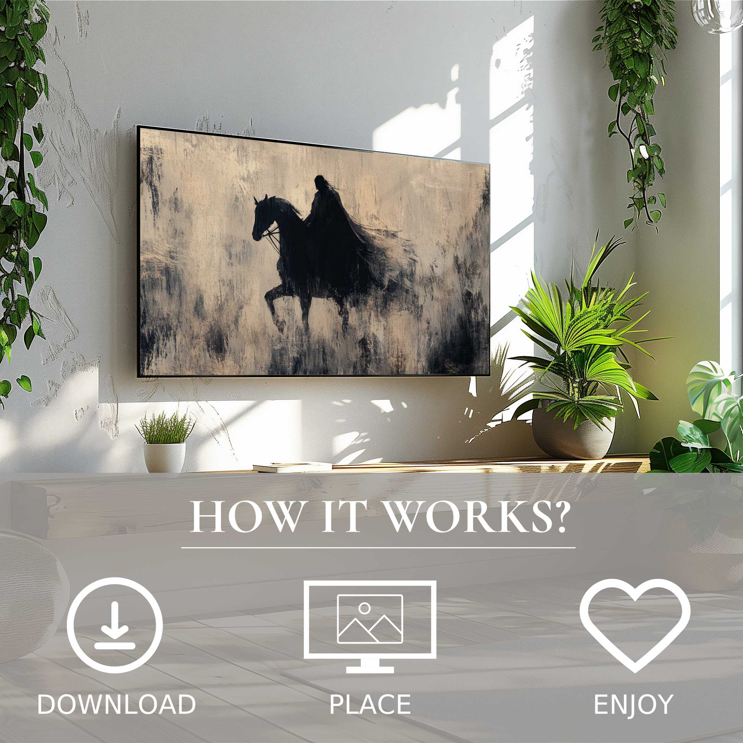 Modern living room with green plants featuring halloween art for Samsung TV; dark horse motif, easy digital download