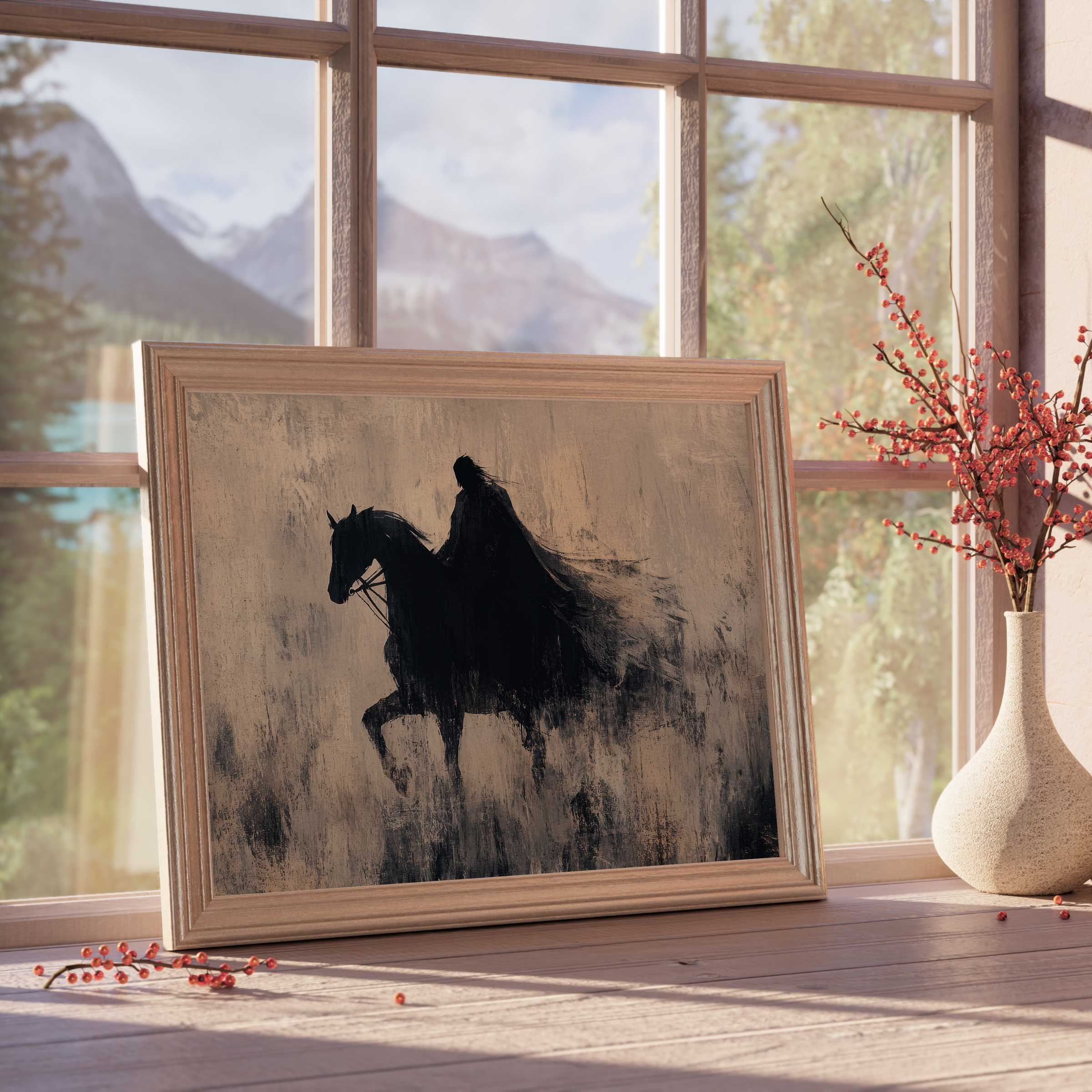 Halloween downloadable art featuring a mysterious cloaked rider silhouette, enriching serene, curated interiors with timeless, moody elegance