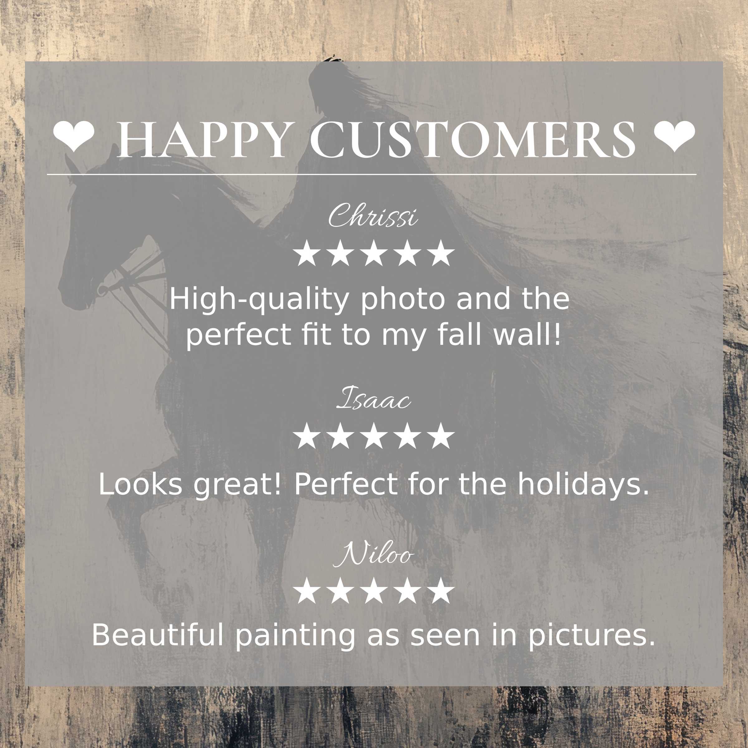 Elegant halloween art for Frame TV with shadowy horse silhouette, featuring happy customer reviews to inspire trust