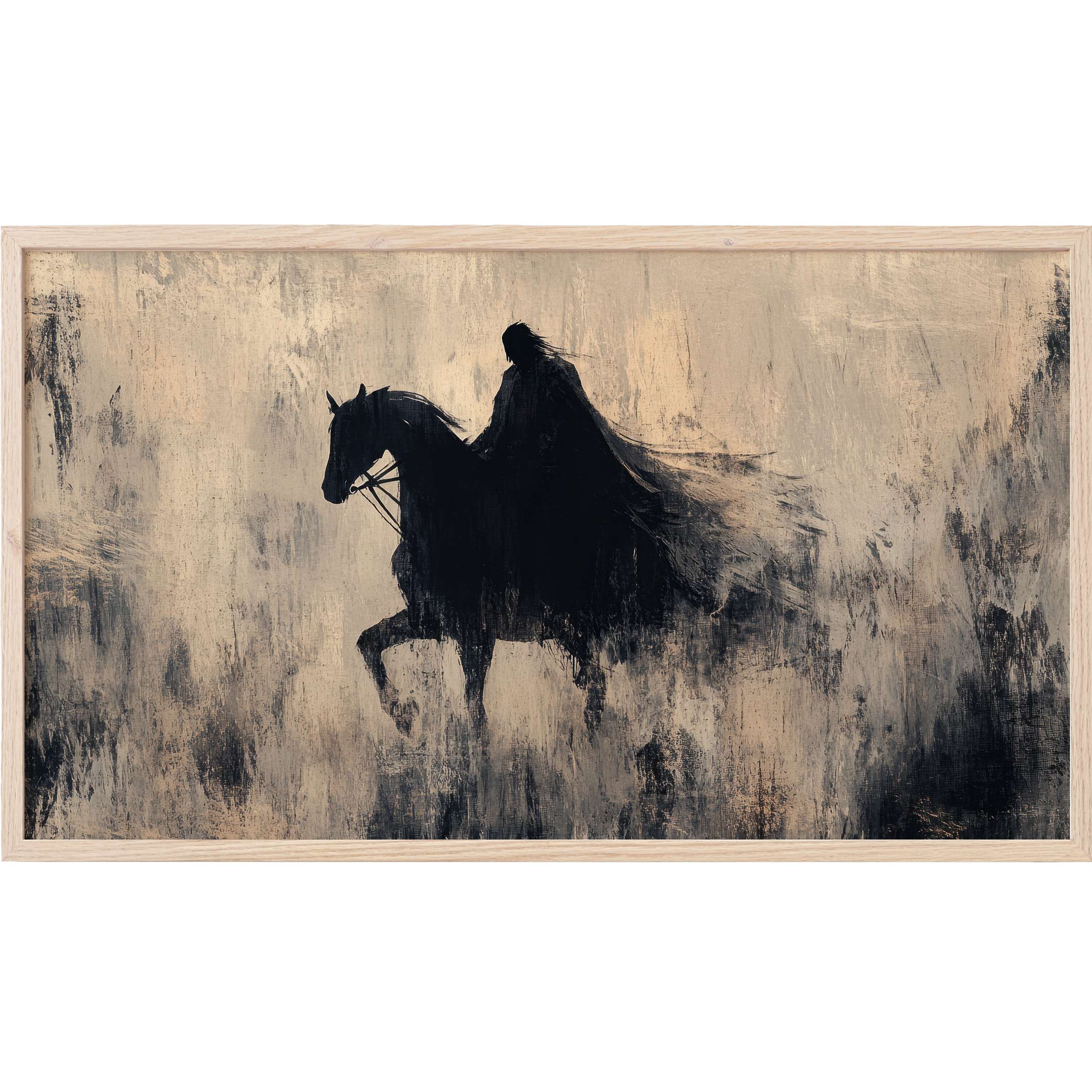 Silhouetted rider on horse in misty textures of black and beige, an elegant halloween Frame TV Art piece