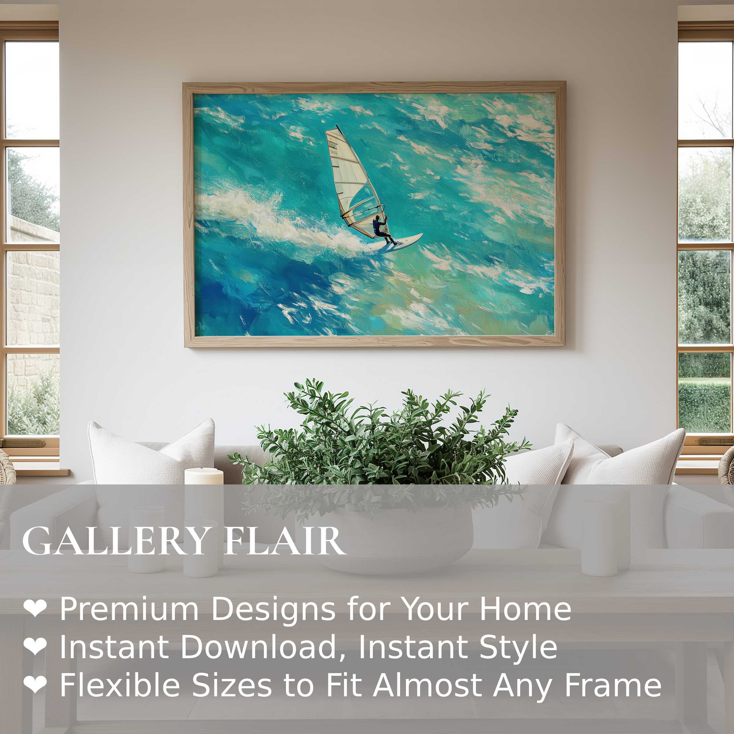 Radiant beach wall art print capturing vibrant turquoise waves and dynamic windsurfing, elevating modern coastal living spaces