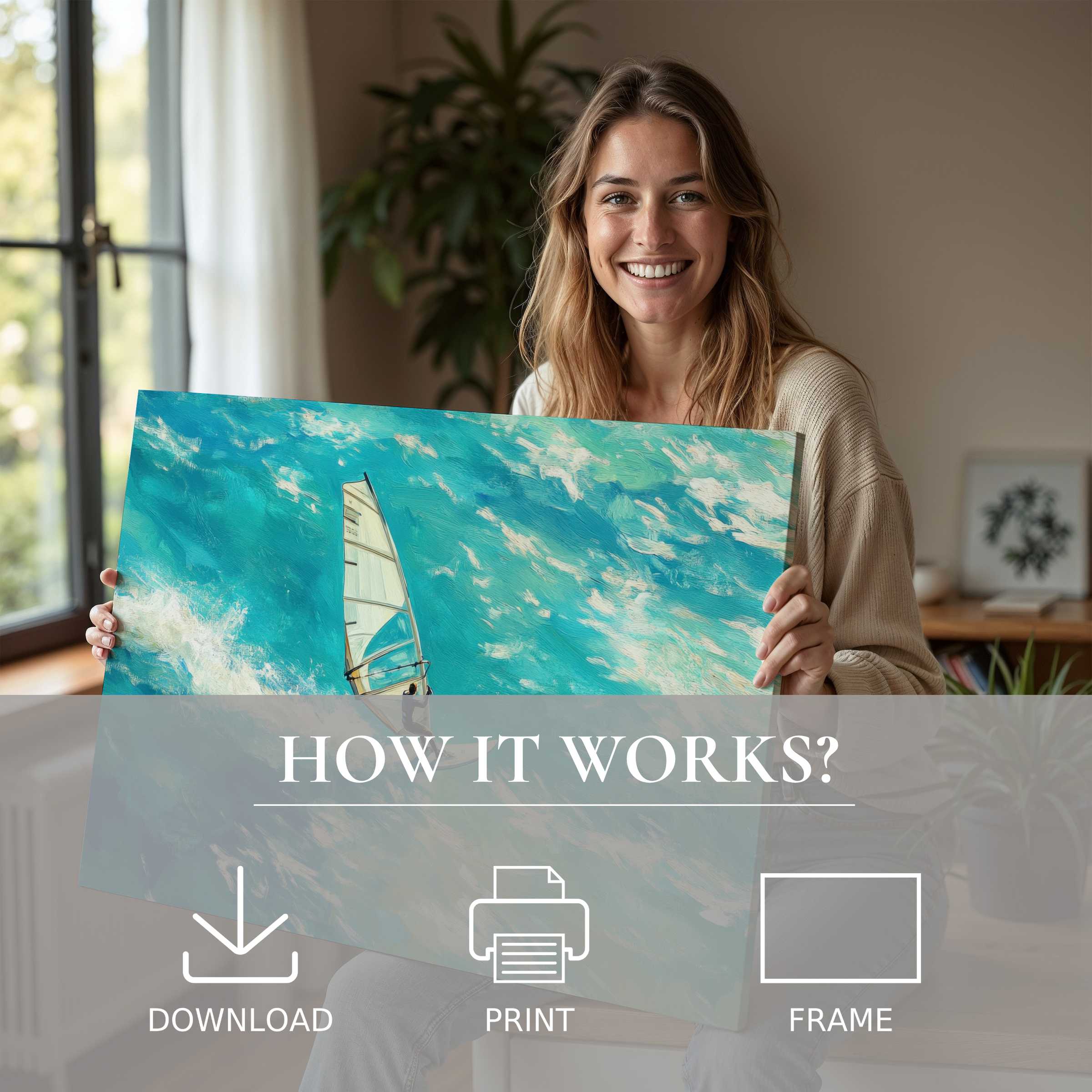 Radiant joy blossoms as a woman embraces a vibrant beach digital art print, elevating serene modern interiors with effortless elegance