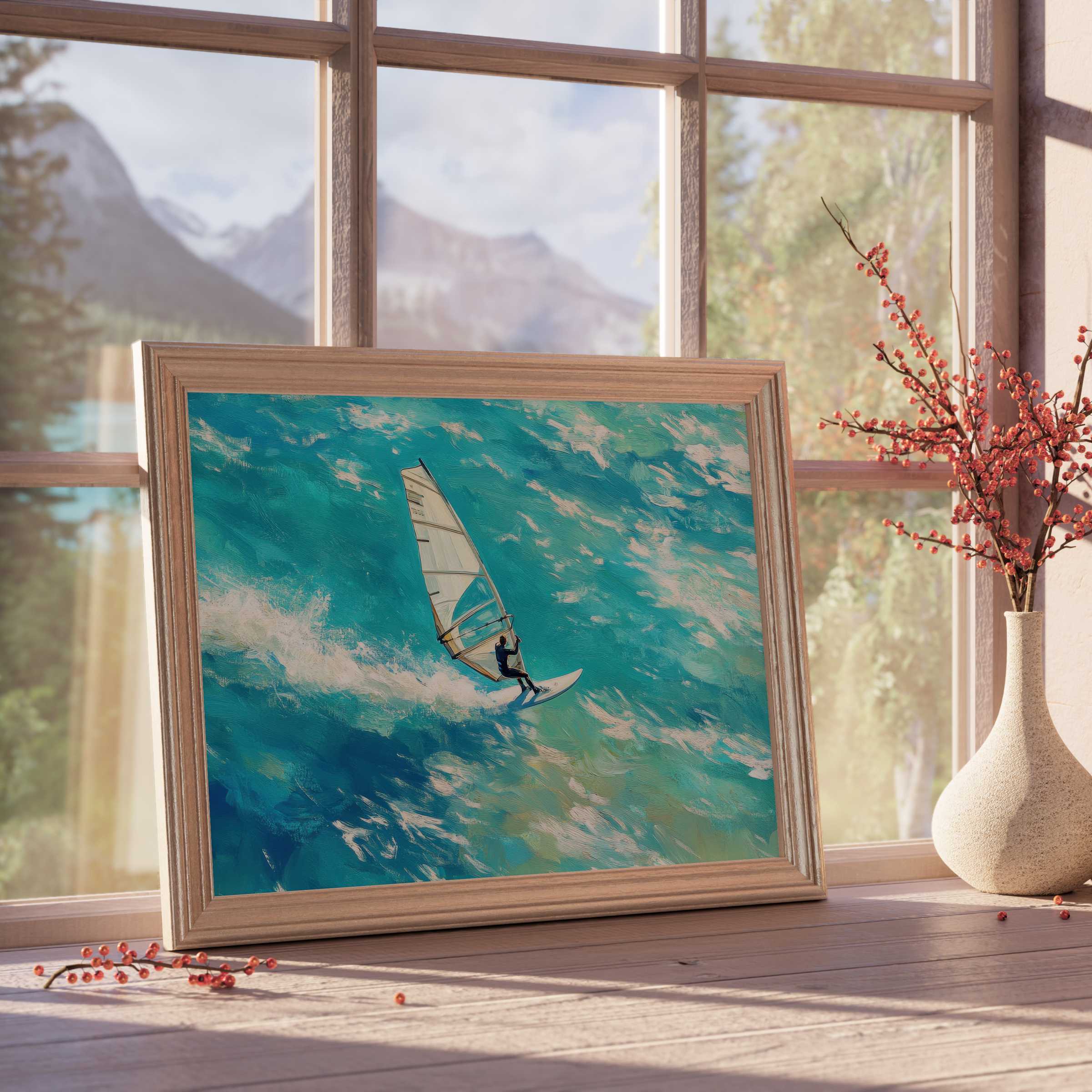Beach downloadable art capturing vibrant windsurfing motion, infusing serene coastal blues into stylish, tranquil living spaces