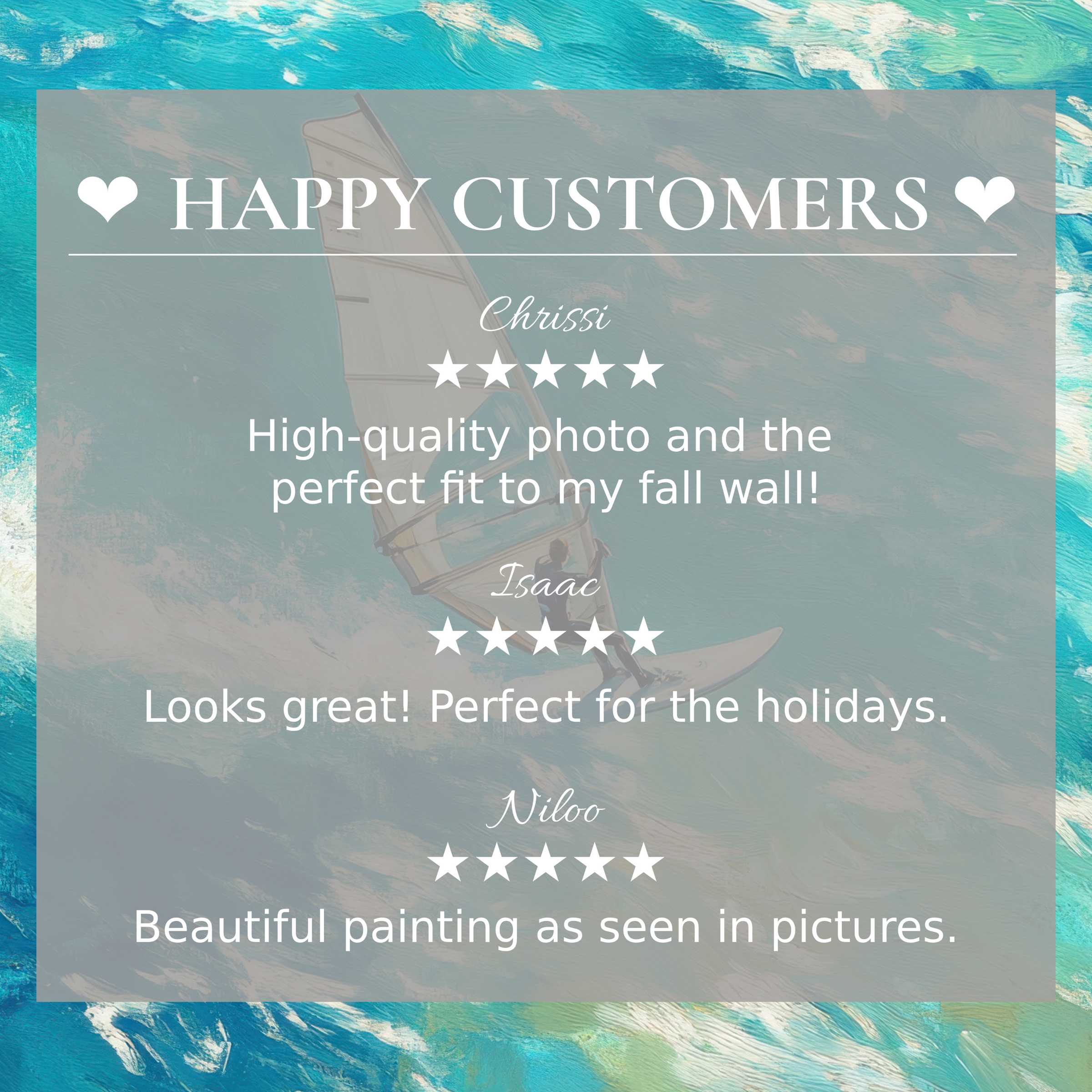 Trustworthy layout with happy customer reviews and elegant abstract turquoise waves in beach art for Frame TV