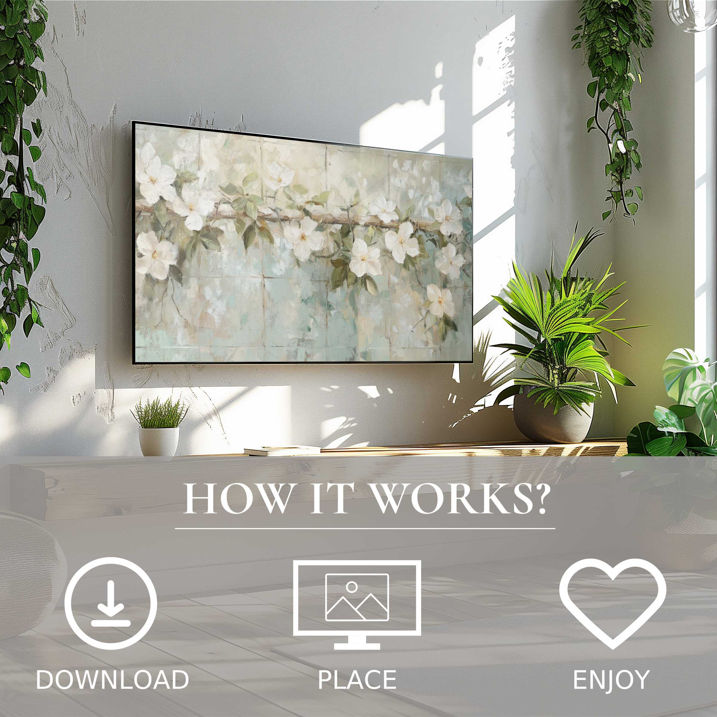 Botanical art for Samsung TV showing soft floral flow in muted tones, easy digital download enriches modern living spaces