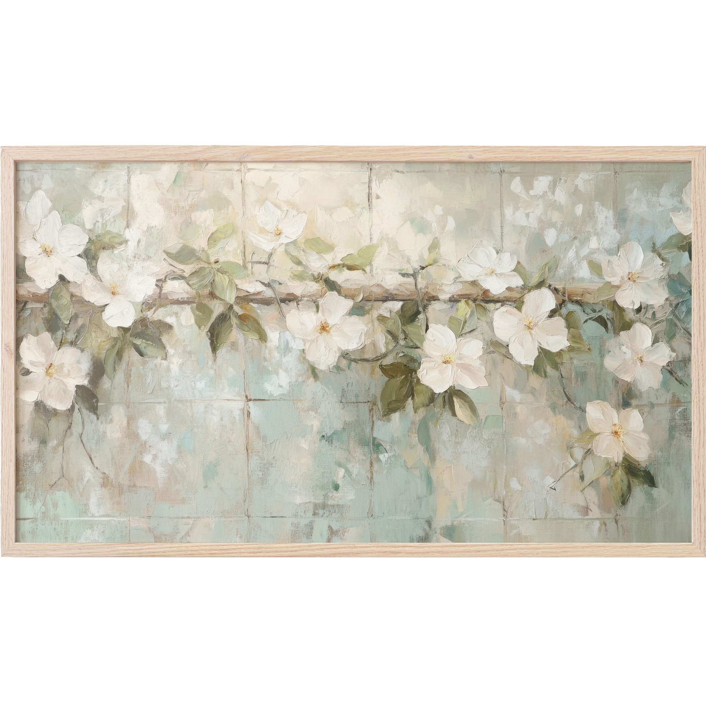 Elegant botanical Frame TV Art with soft white blossoms and muted greens in a modern, textured pastel palette