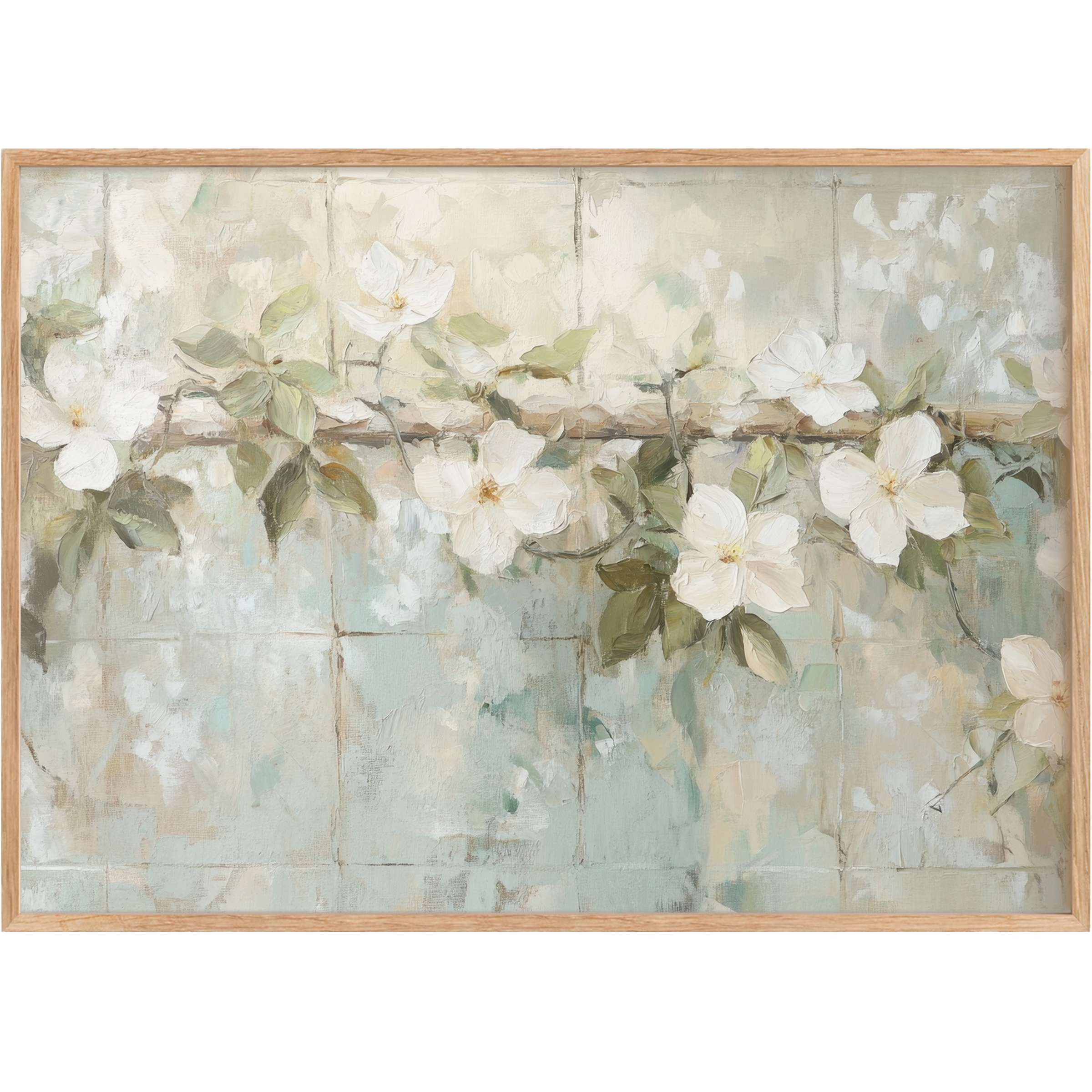 Botanical printable wall art with soft white blossoms and muted greens, creating a serene, timeless elegance for chic interiors