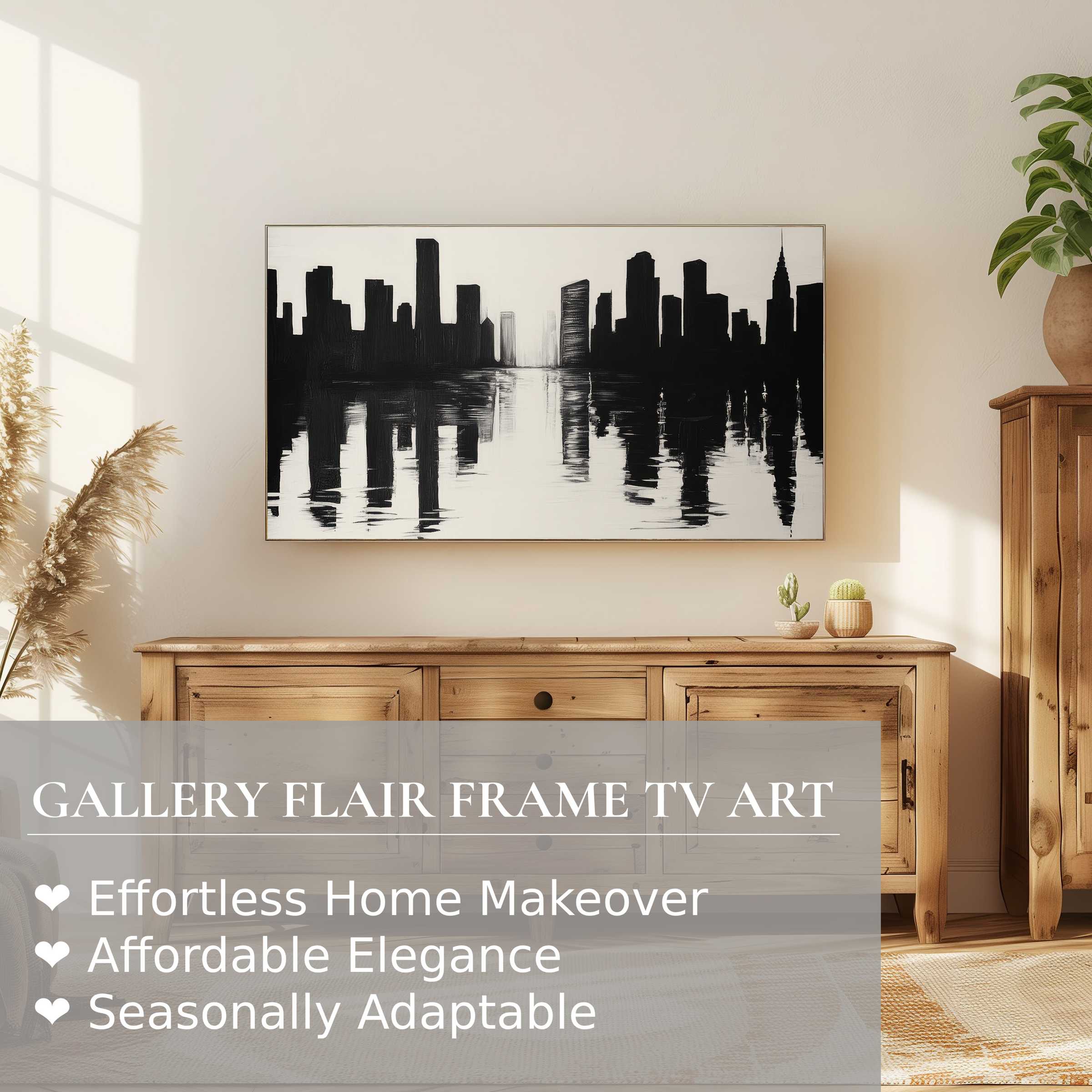 Samsung Frame TV displays black and white digital artwork of city skyline, enhancing elegant modern home decor