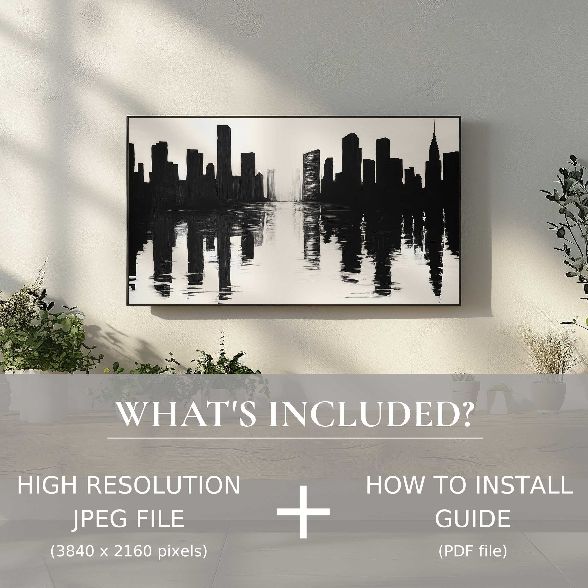 Elegant black and white digital TV art download, enhancing modern spaces with easy digital use and chic cityscape charm