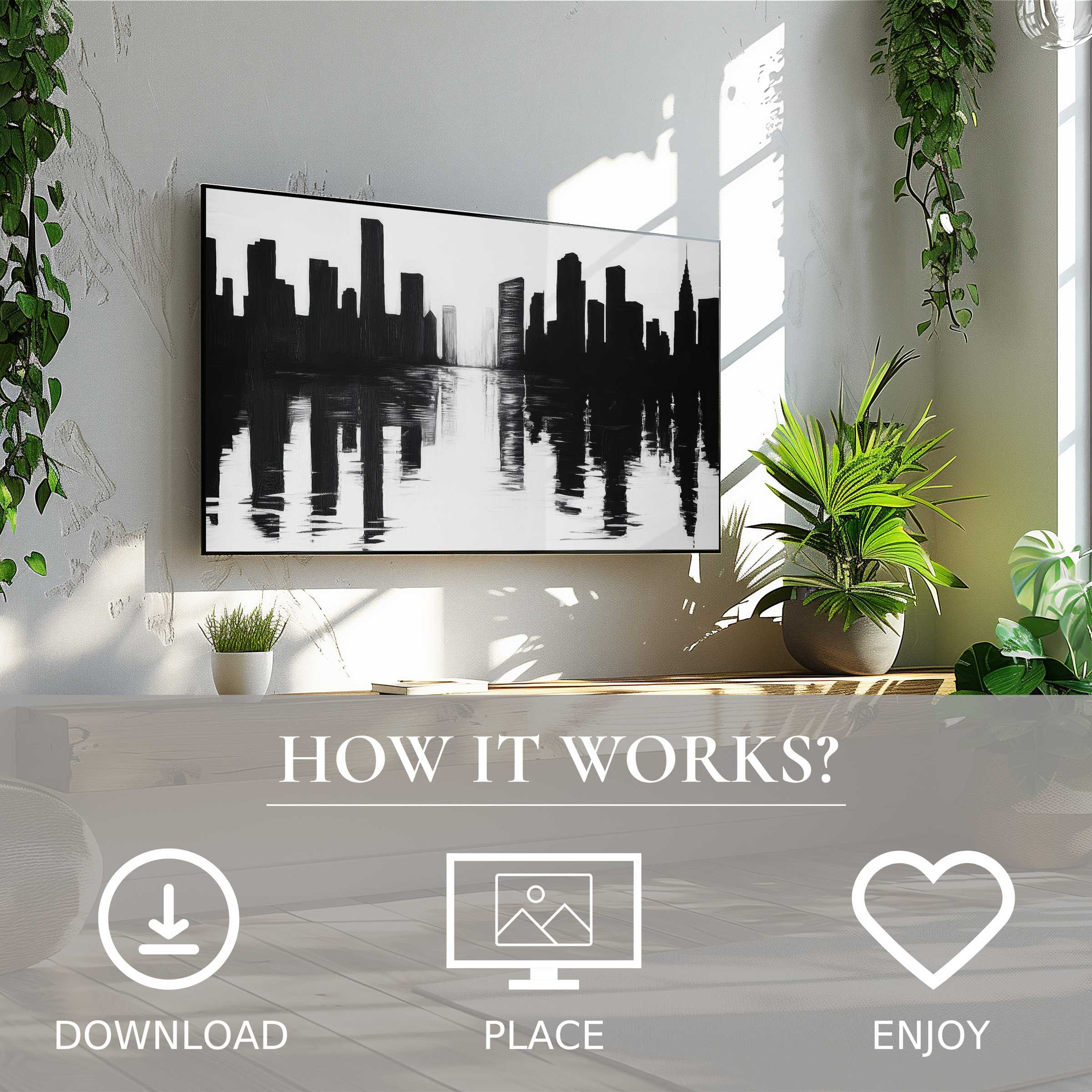 Black and white art for Samsung TV showing a city skyline with reflections, easy digital download enriches modern spaces