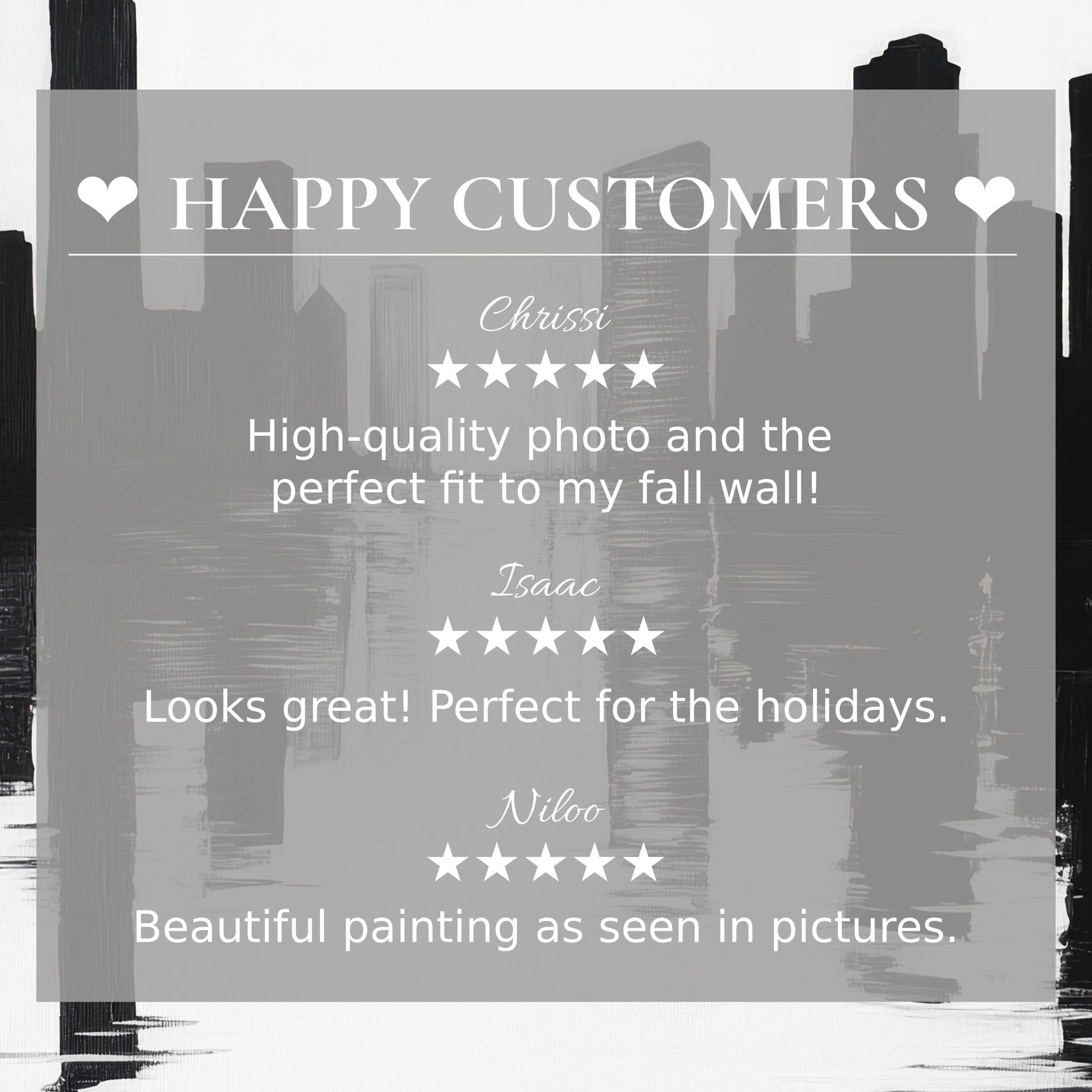 Black and white art for Frame TV with abstract cityscape backdrop and happy customer reviews building elegant trust