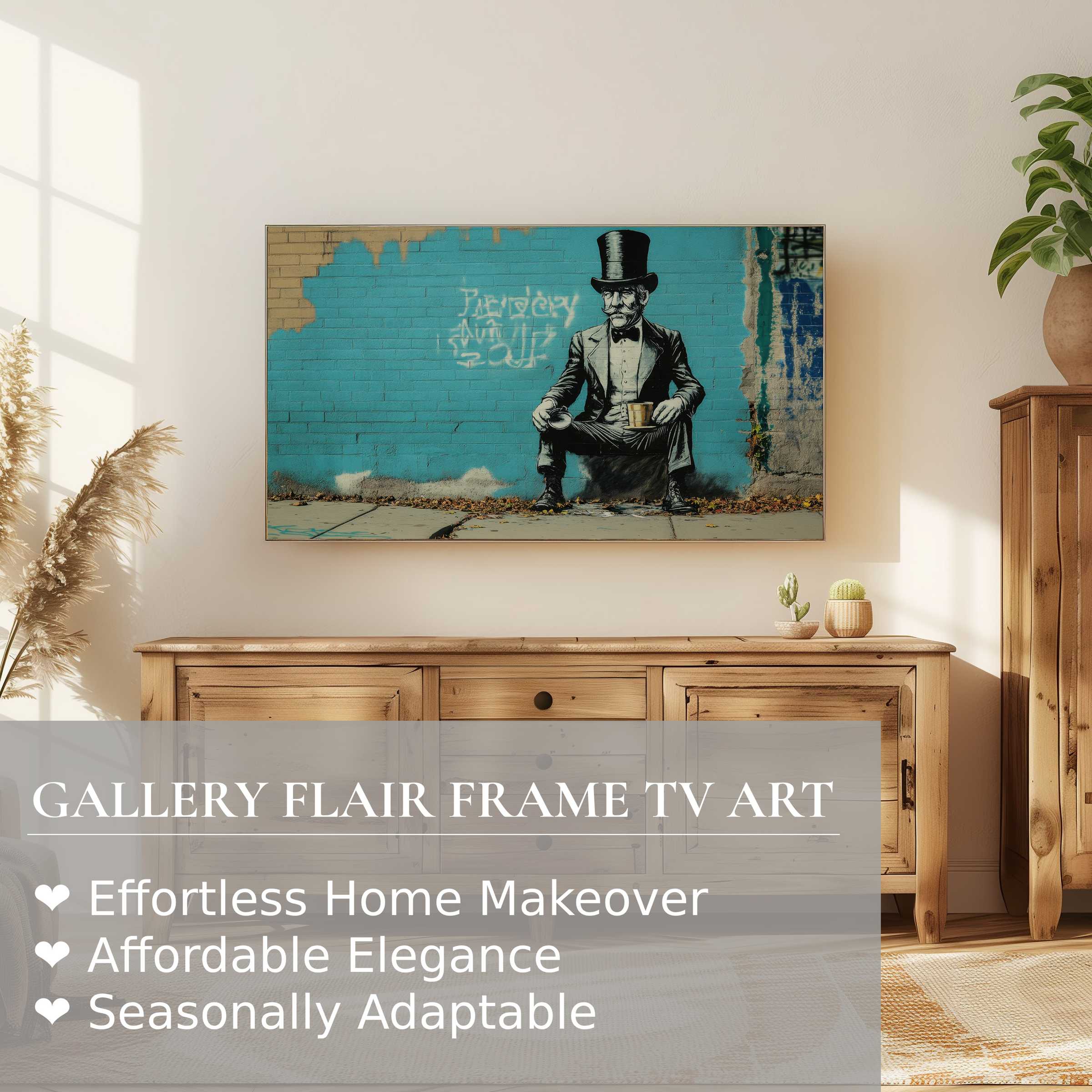 Samsung Frame TV showcases refined street art digital artwork in a modern, serene living space with warm wood tones