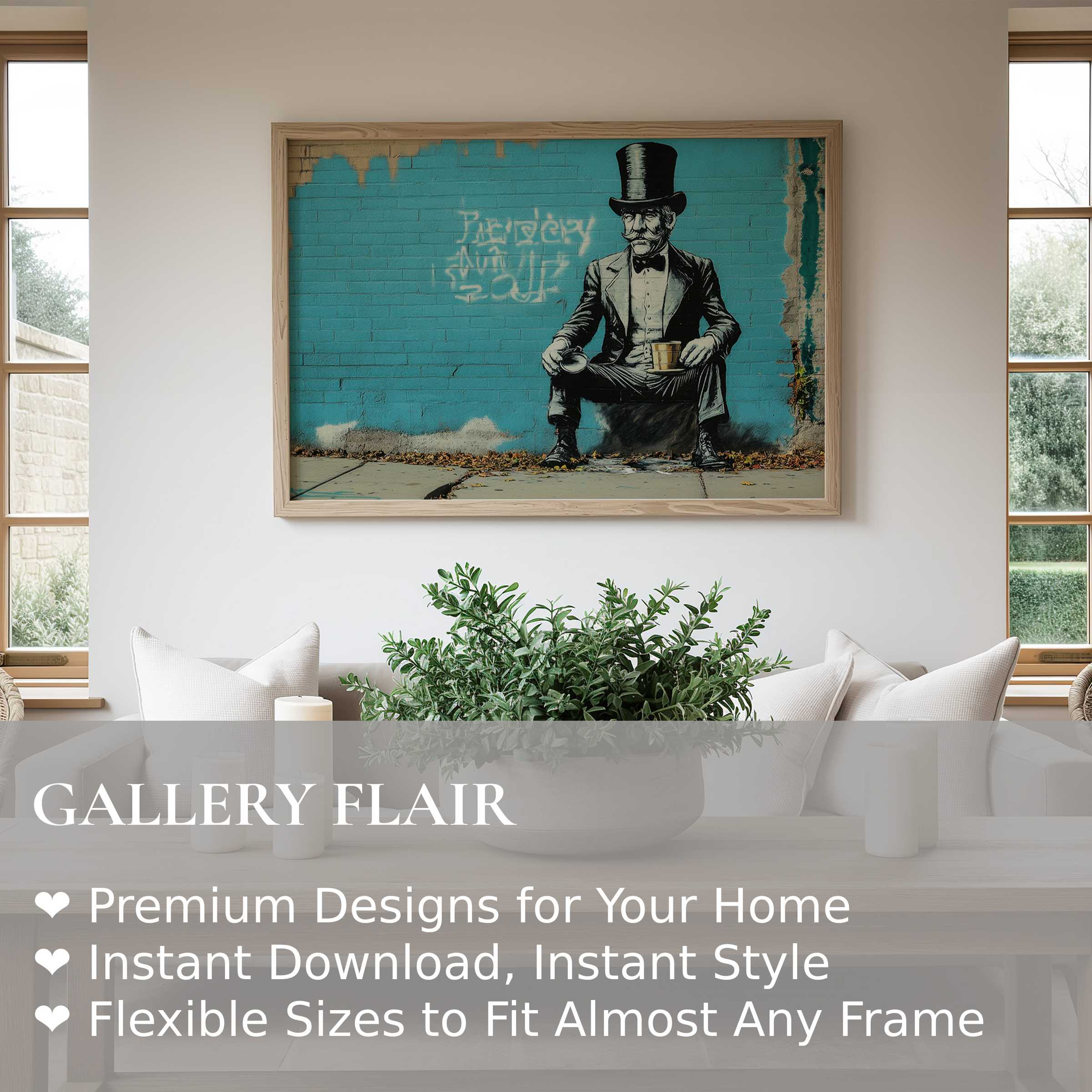 Bold street art wall art print featuring a dapper gentleman in vintage attire against turquoise brick Adds edgy sophistication to minimalist interiors
