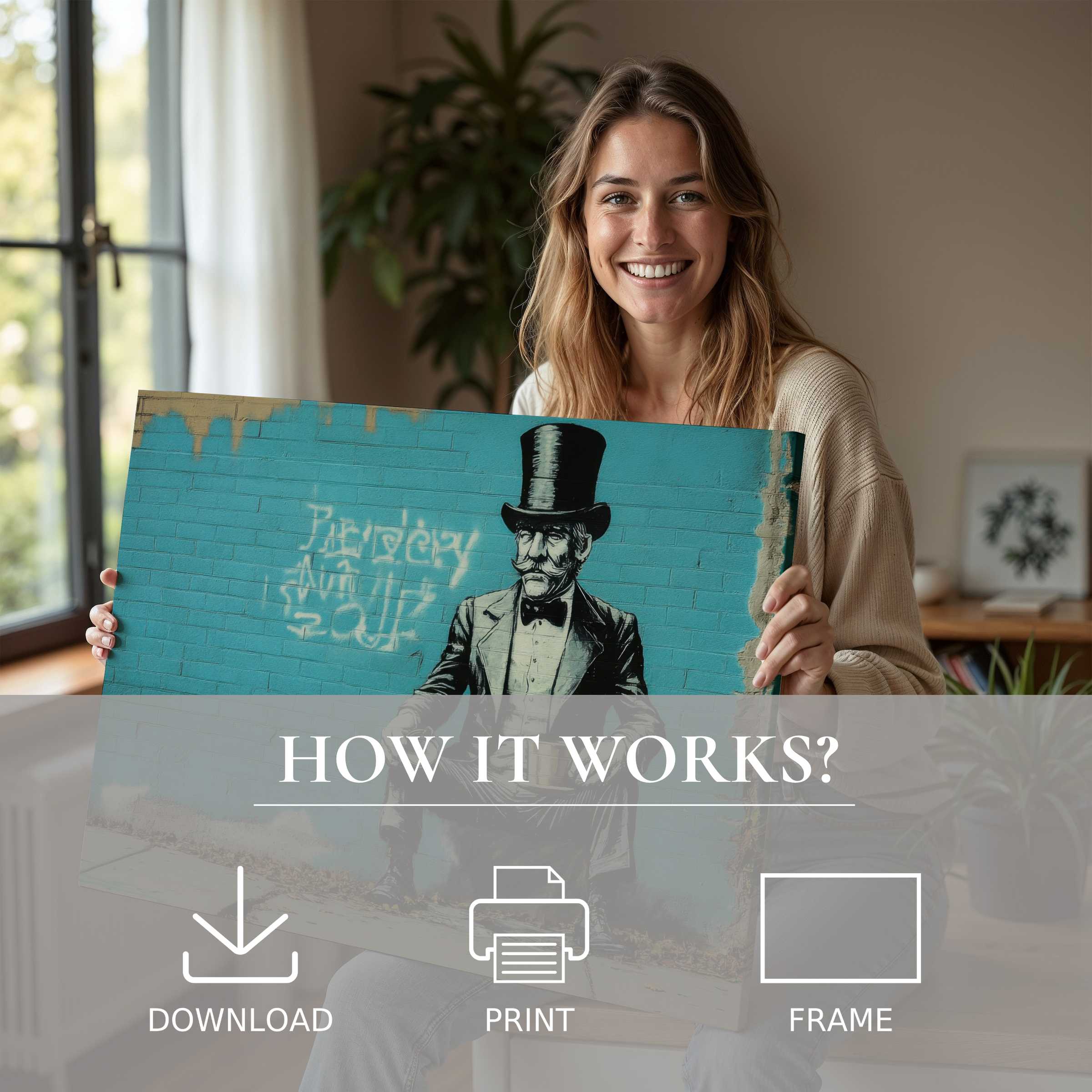 A joyful moment of connection with street art digital art print, harmonizing modern living with effortless elegance