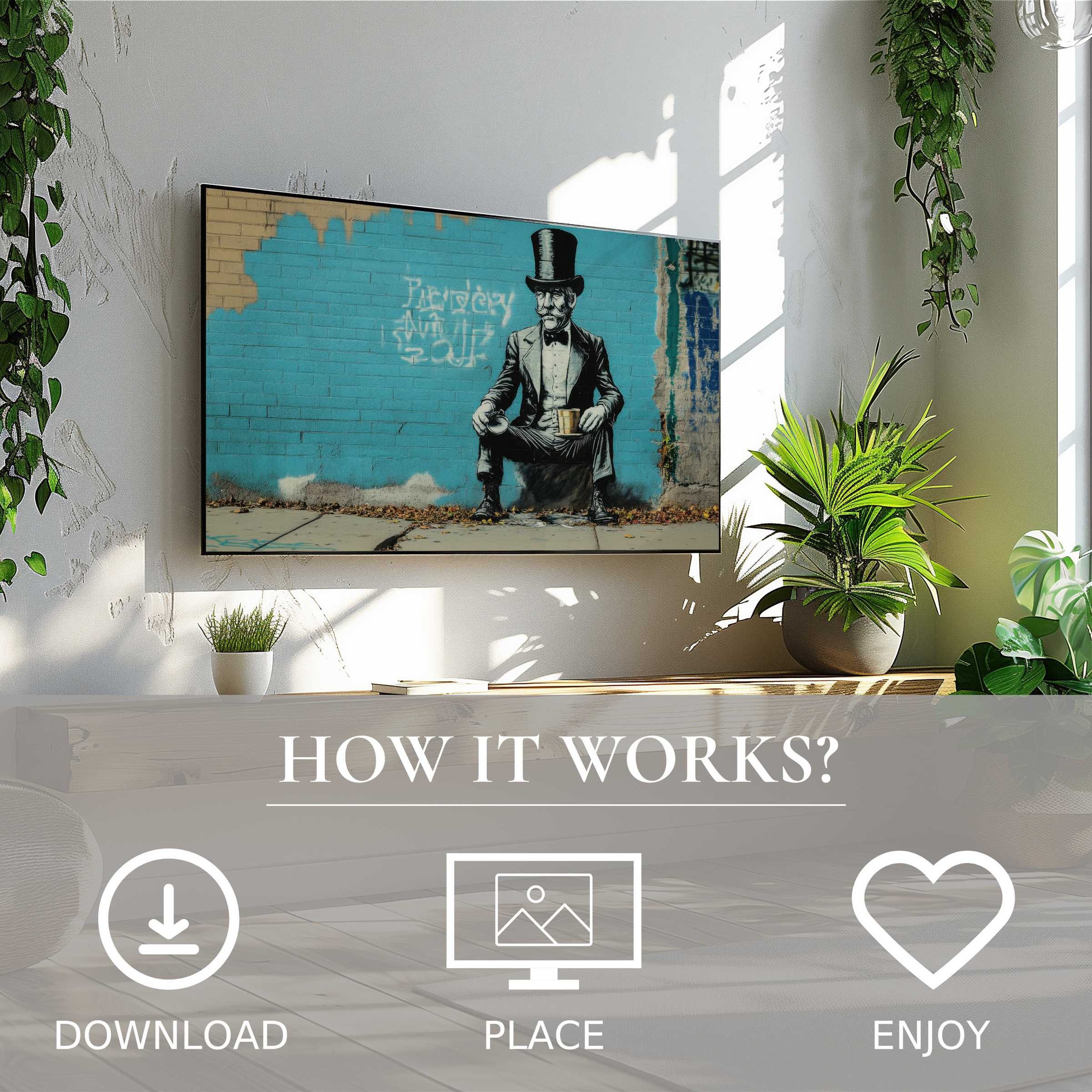 Modern living room with street art for Samsung TV, showing urban blue wall motif Easy digital download enriches space