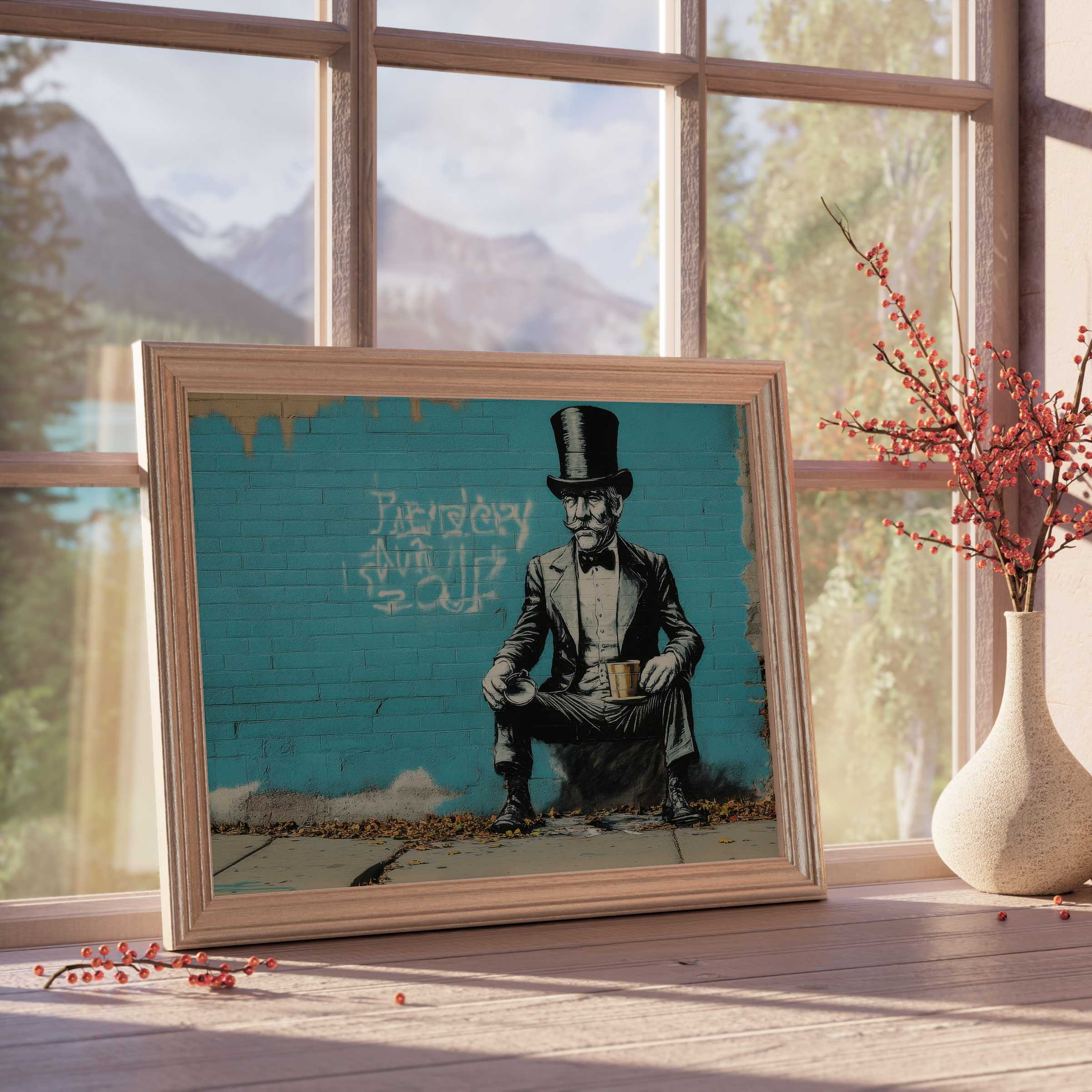 Street art downloadable art featuring a whimsical gentleman in a top hat, elevating serene, curated interiors with urban edge and sophisticated charm