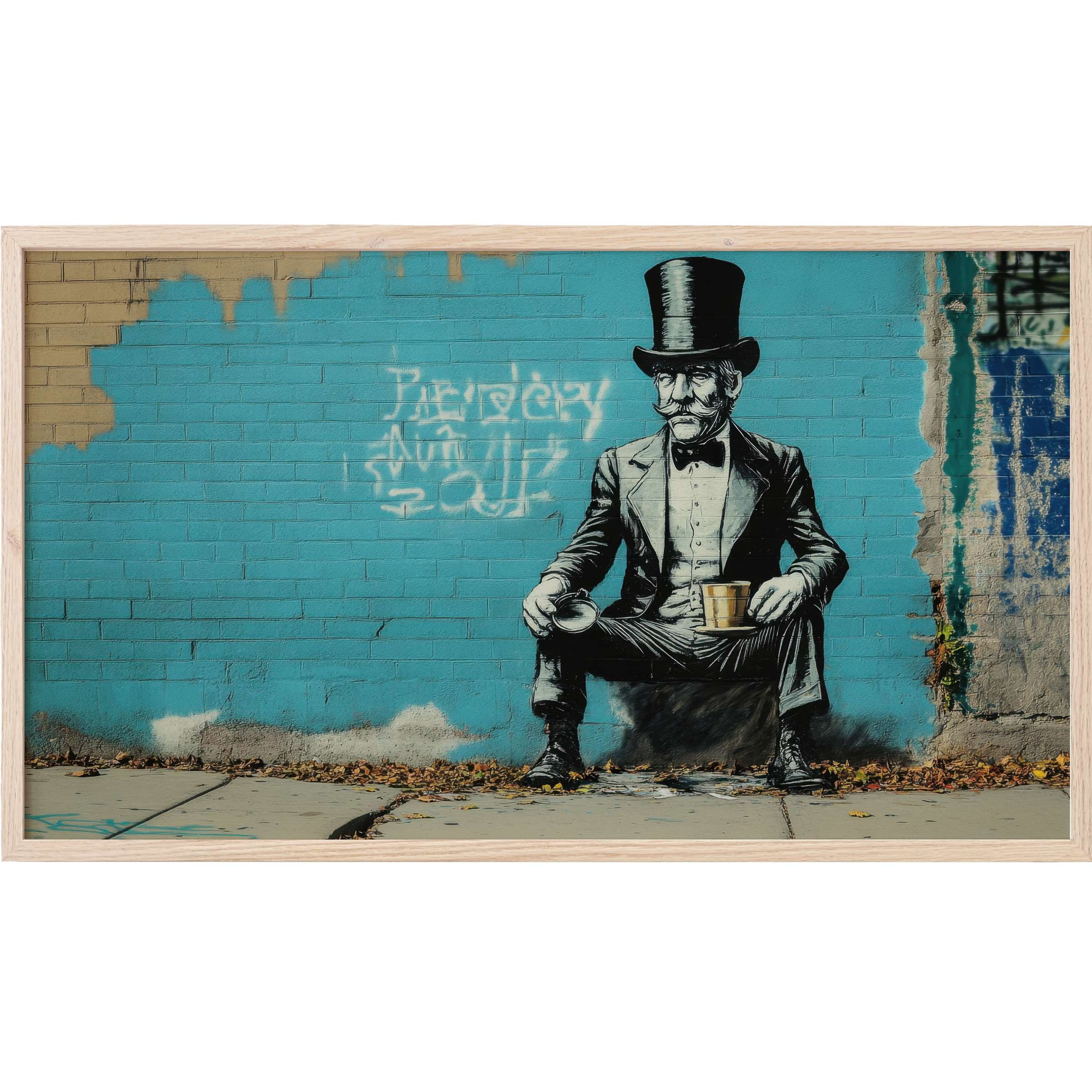 Elegant street art Frame TV Art showing a monochrome gentleman in top hat on vibrant turquoise brick wall