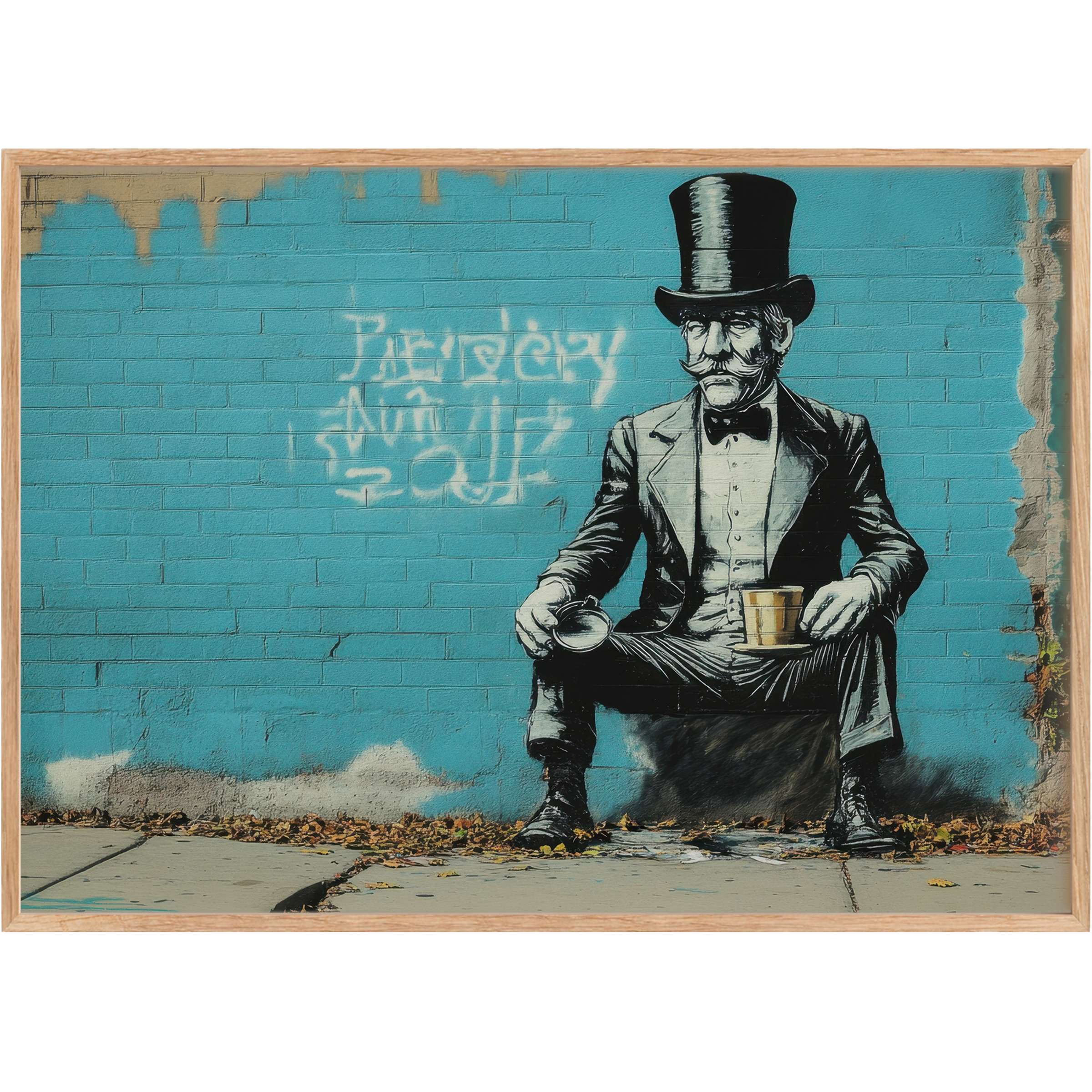 Elegant street art printable wall art featuring a dapper gentleman in monochrome against a vibrant turquoise backdrop, exuding bold sophistication and urban charm