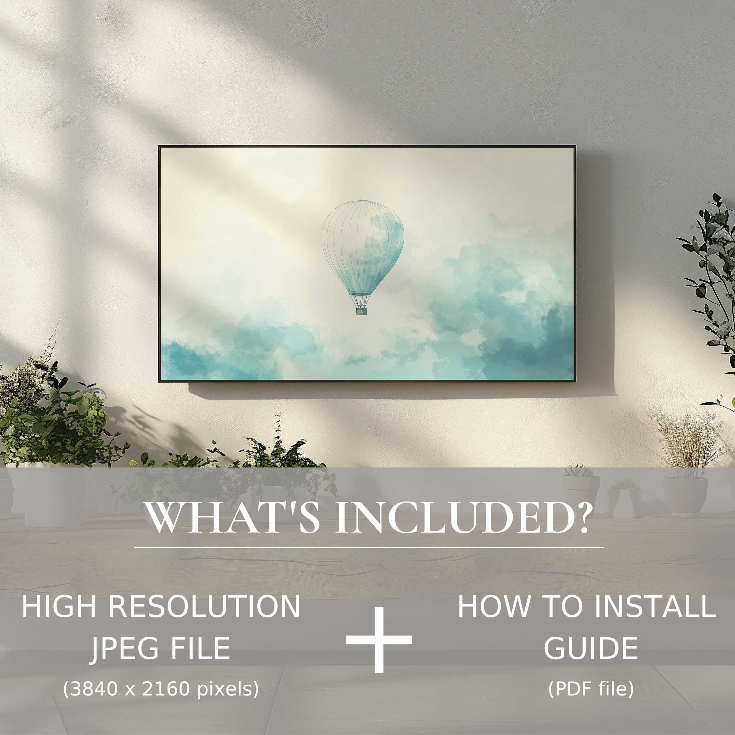 Minimalist digital TV art download showing serene balloon art, easy digital use enhances elegant, modern living spaces